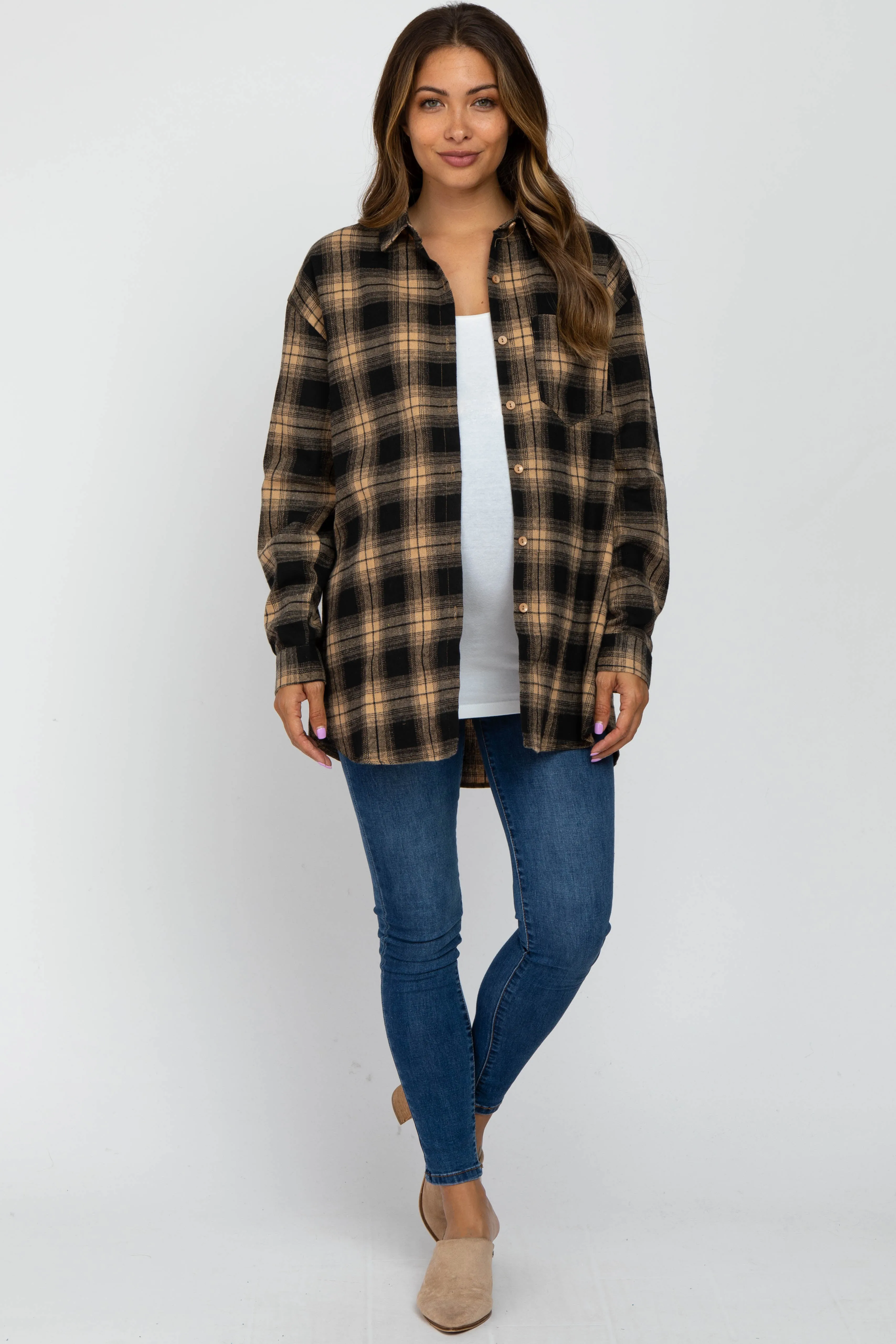 Taupe Black Plaid Button Down Maternity Top sold by Pinkblush product image thumbnail 4