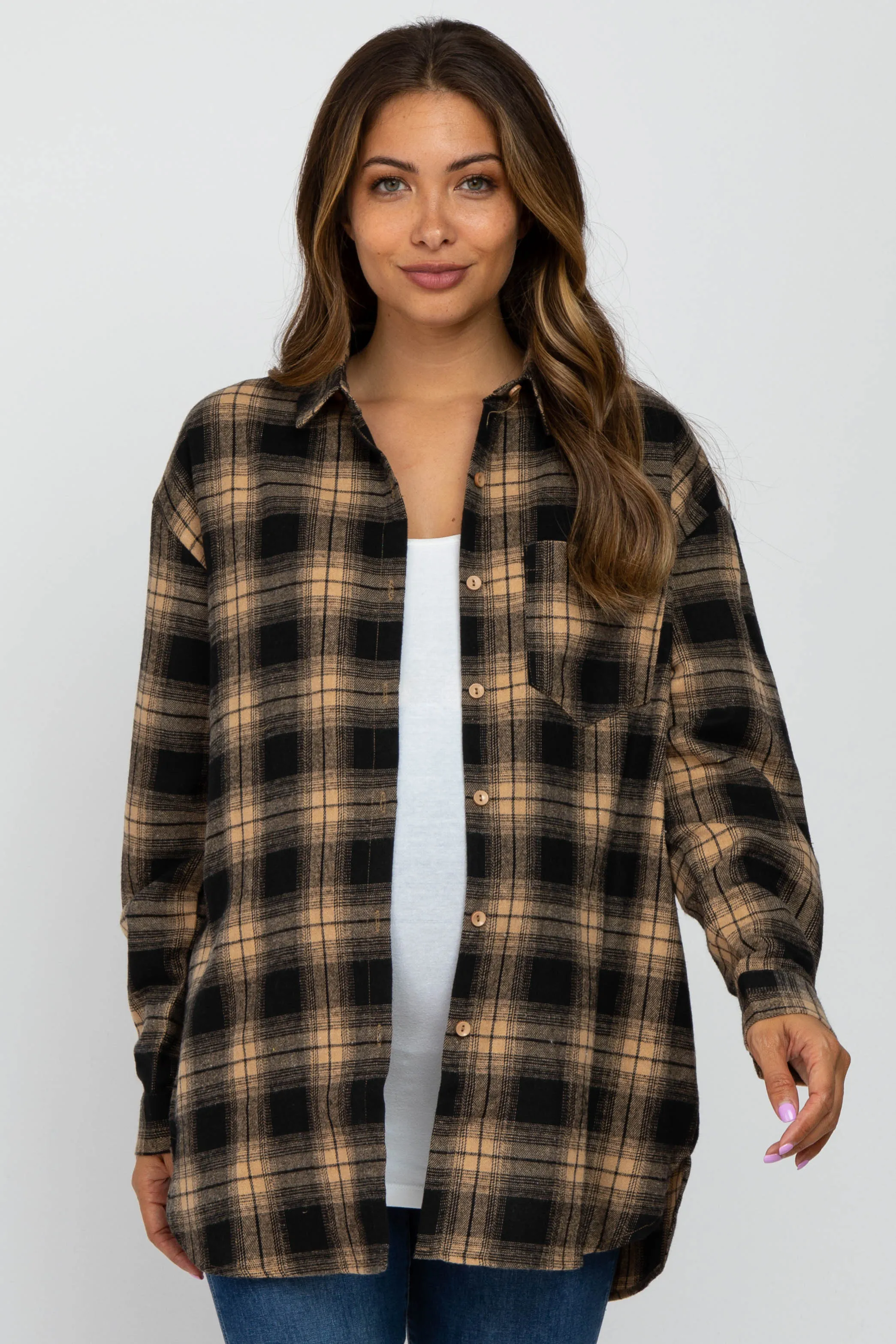 Taupe Black Plaid Button Down Maternity Top sold by Pinkblush