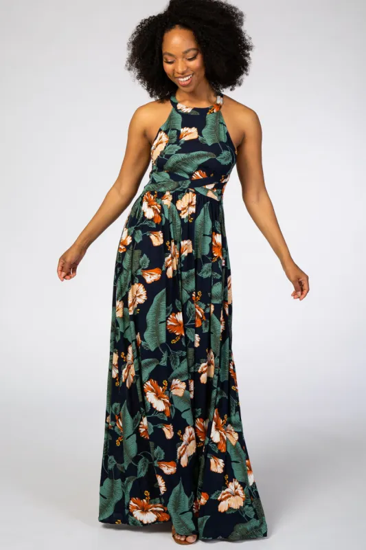 Navy Blue Palm Print Cross Back Maxi Dress sold by Pinkblush