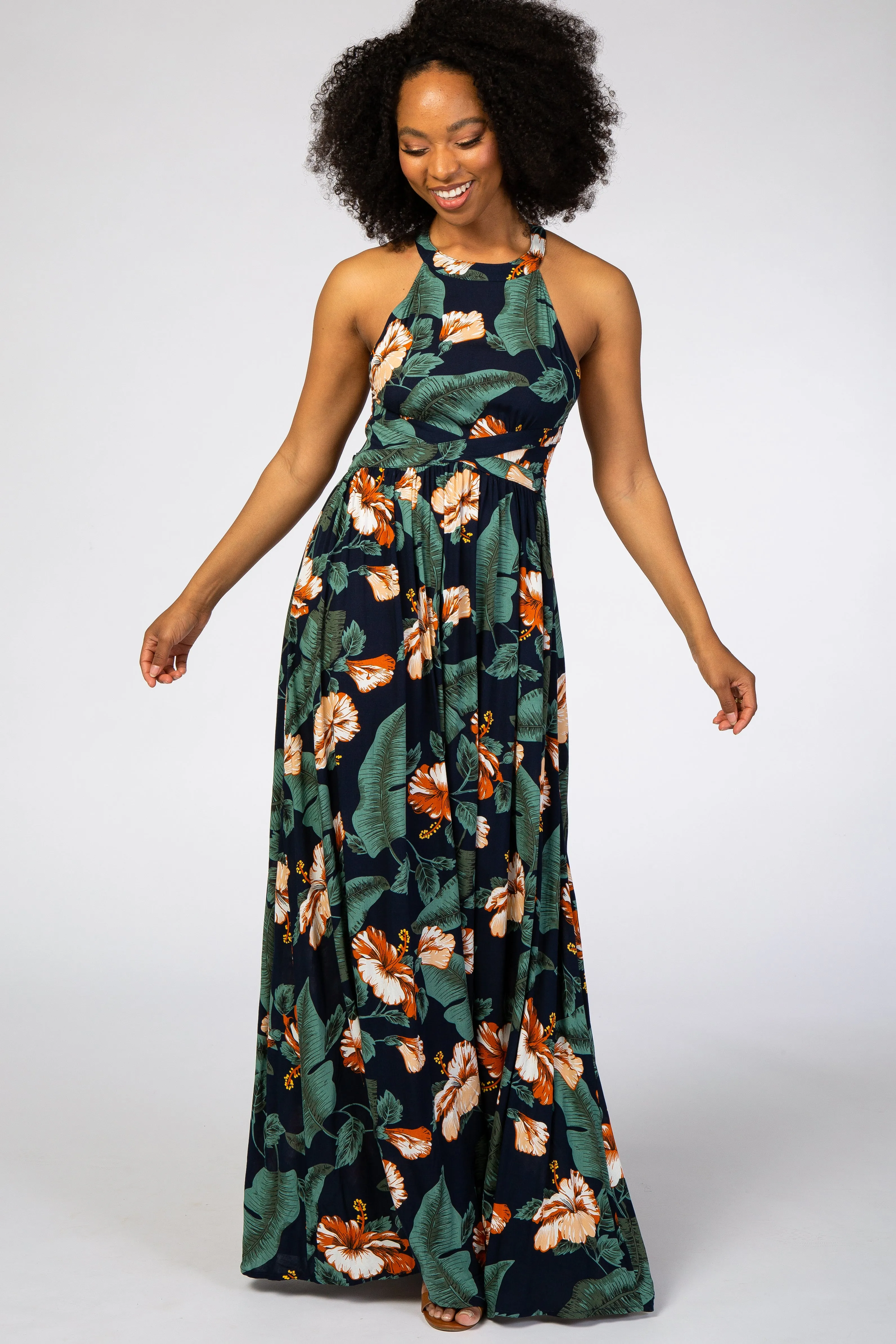Navy Blue Palm Print Cross Back Maxi Dress sold by Pinkblush