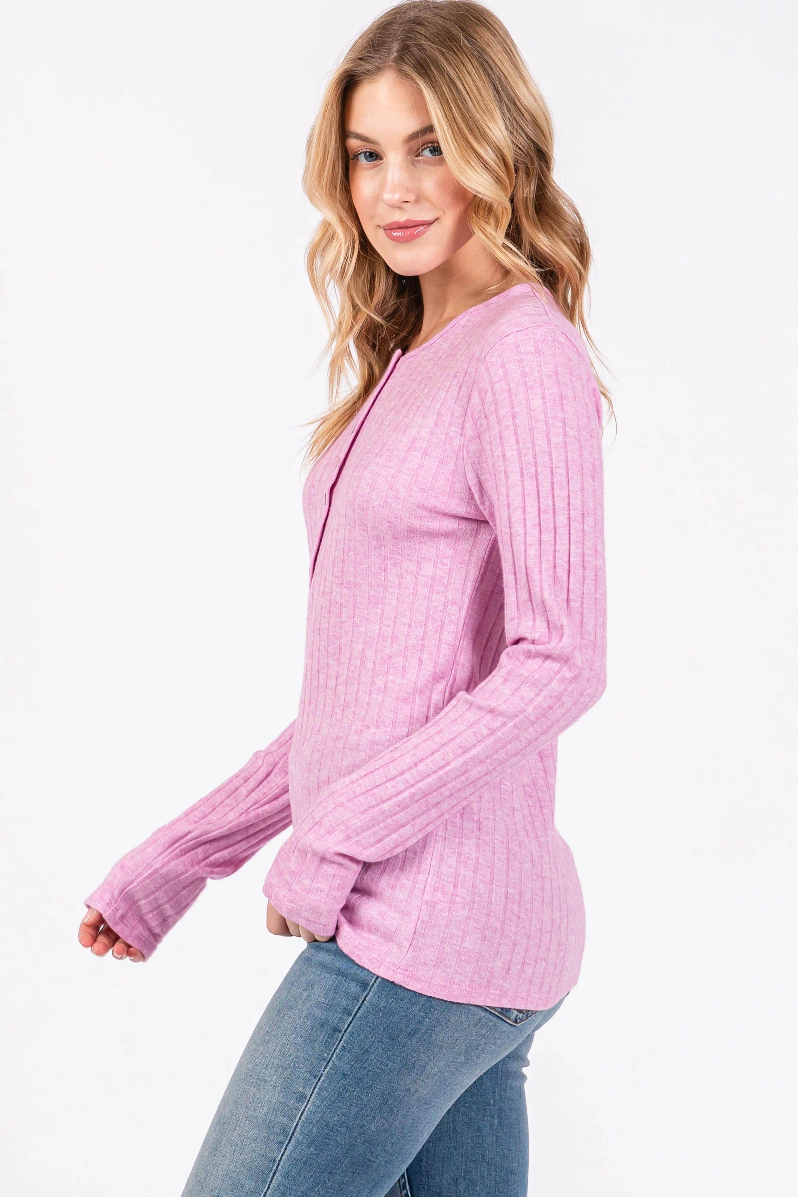 Pink Ribbed Knit Button Long Sleeve Top sold by Pinkblush product image thumbnail 2