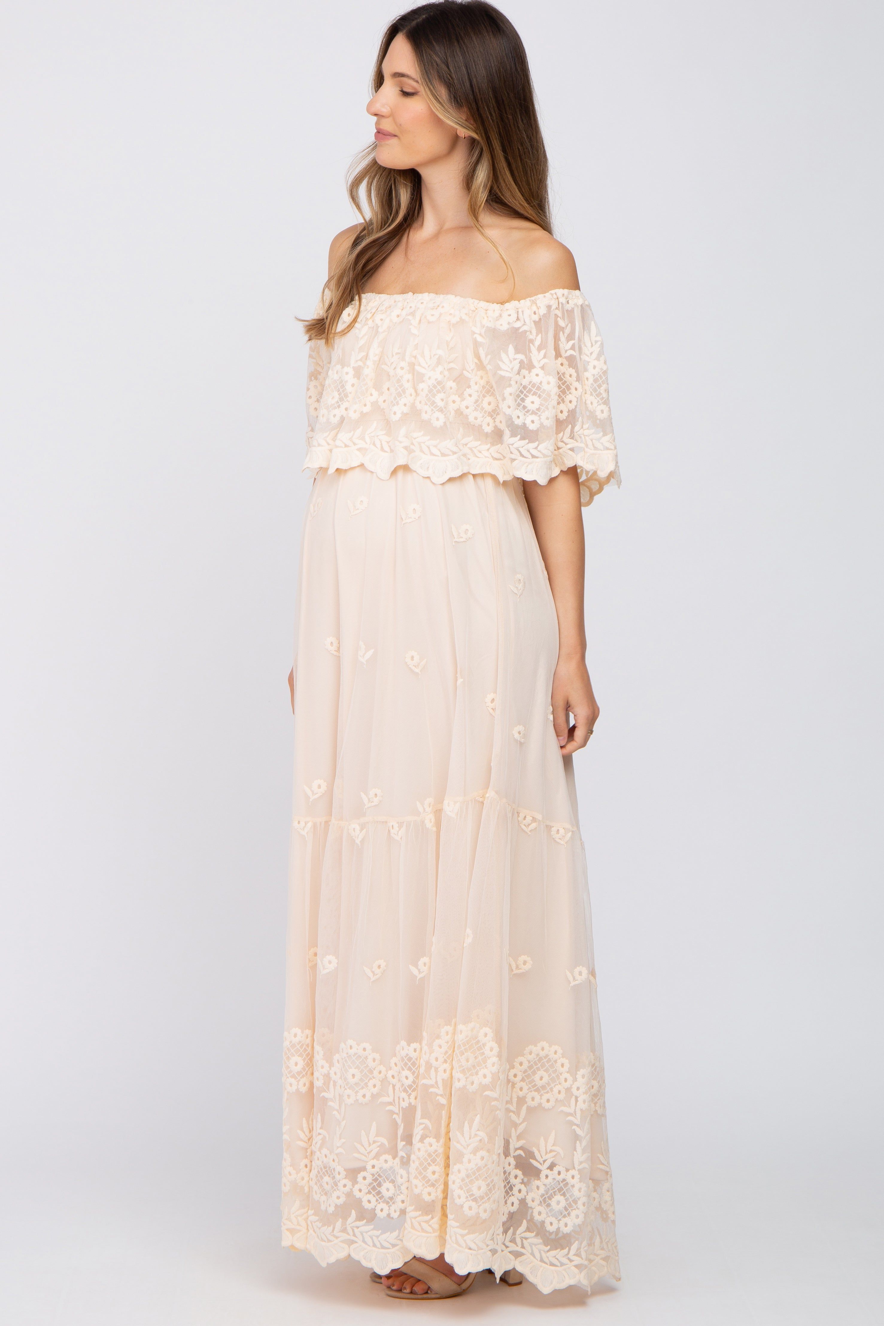 Beige Overlay Off Shoulder Maternity Maxi Dress sold by Pinkblush product image thumbnail 2