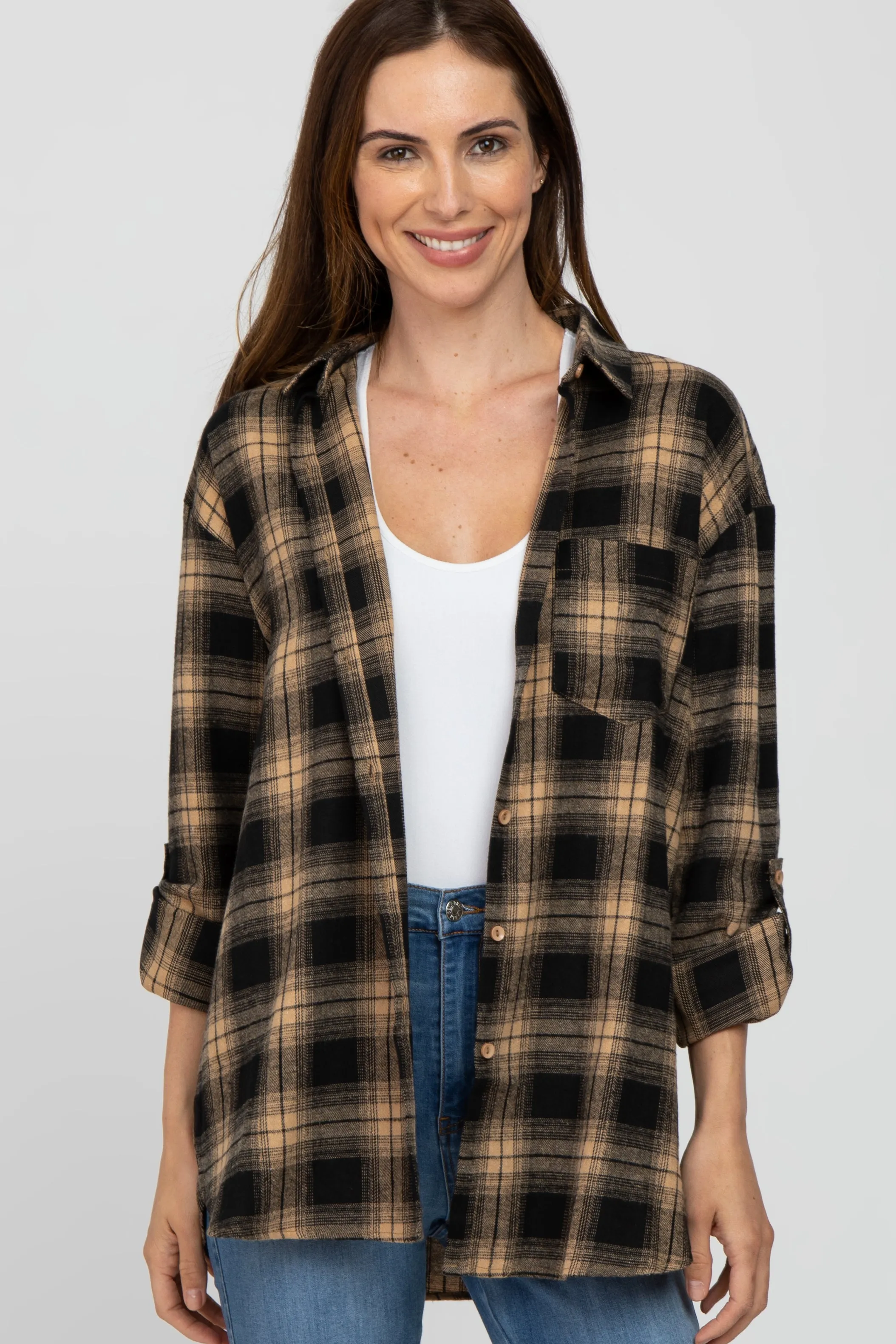 Taupe Black Plaid Button Down Maternity Top sold by Pinkblush product image thumbnail 5