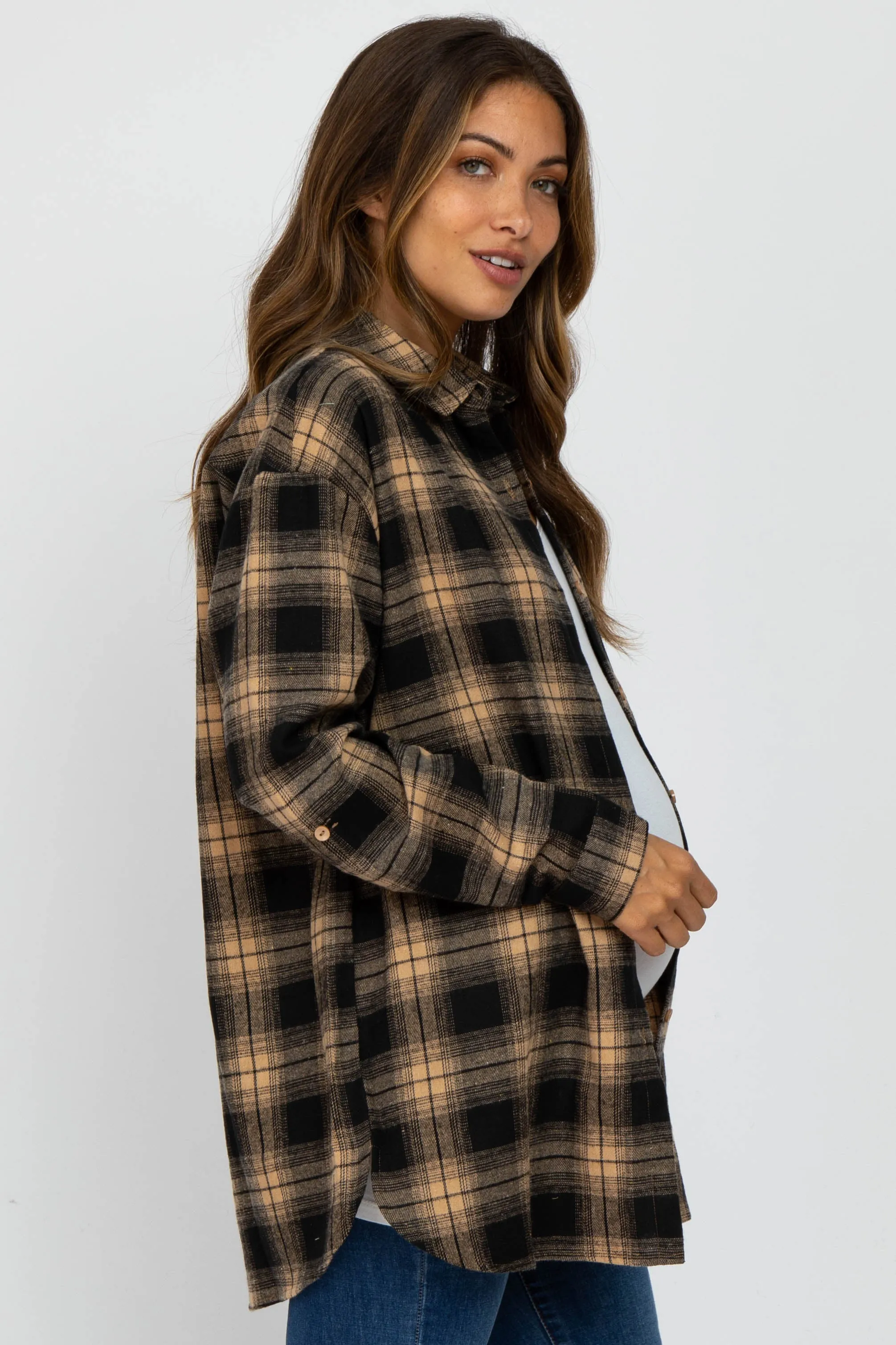 Taupe Black Plaid Button Down Maternity Top sold by Pinkblush product image thumbnail 2