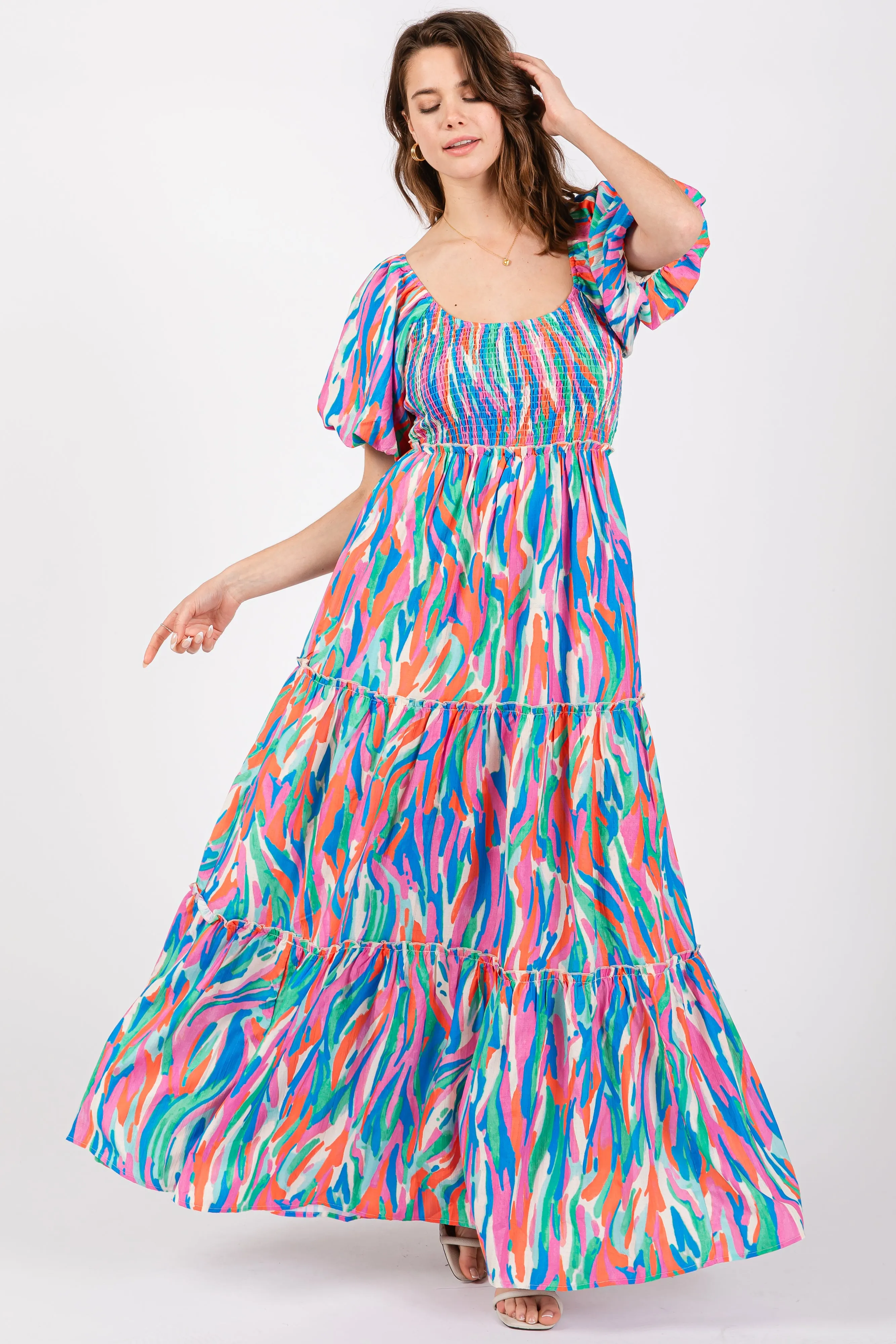 Blue Multi Color Print Puff Sleeve Maxi Dress sold by Pinkblush
