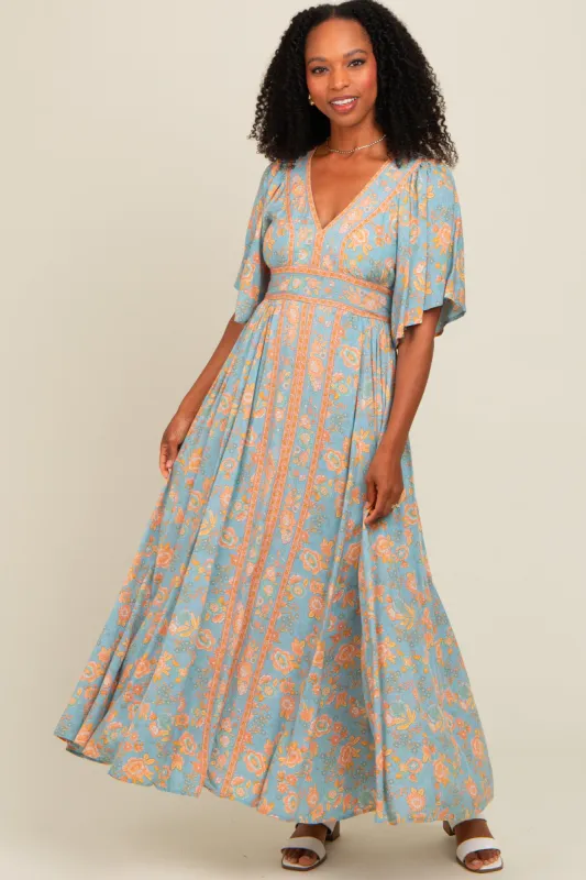 Blue Floral Border Print Flutter Sleeve Maxi Dress sold by Pinkblush