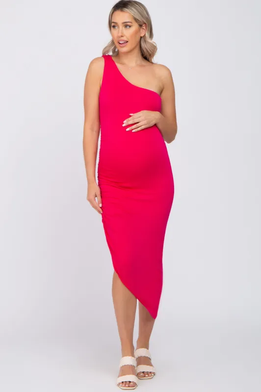 Fuchsia One Shoulder Ruched Asymmetrical Hem Maternity Dress made by Pinkblush