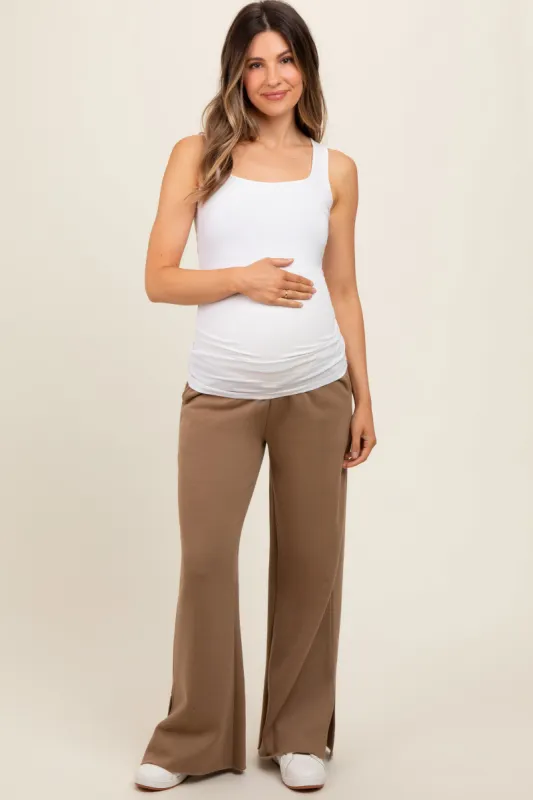 Brown Soft Wide Leg Side Slit Maternity Sweatpants sold by Pinkblush