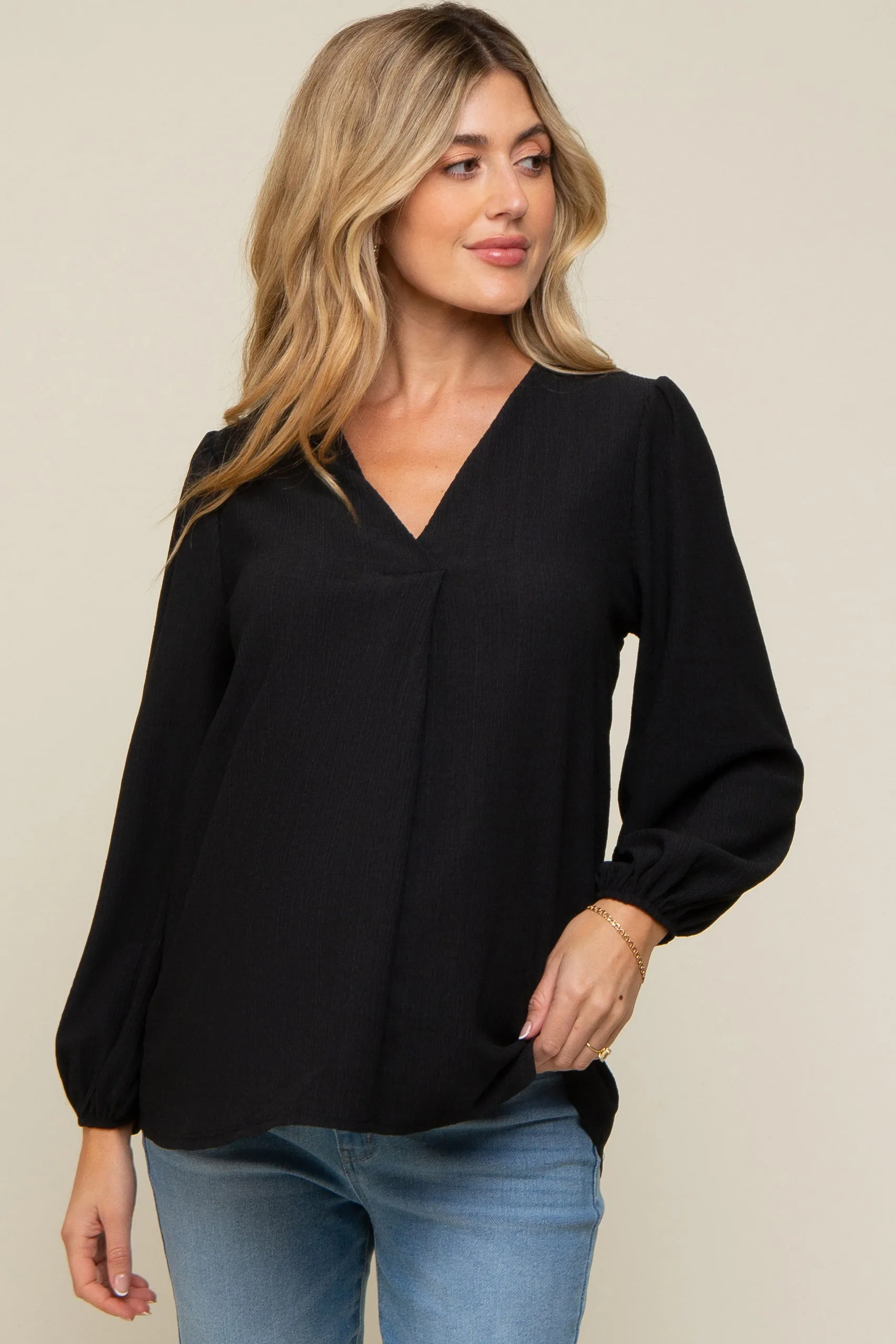 Black Textured Long Sleeve Maternity Blouse sold by Pinkblush