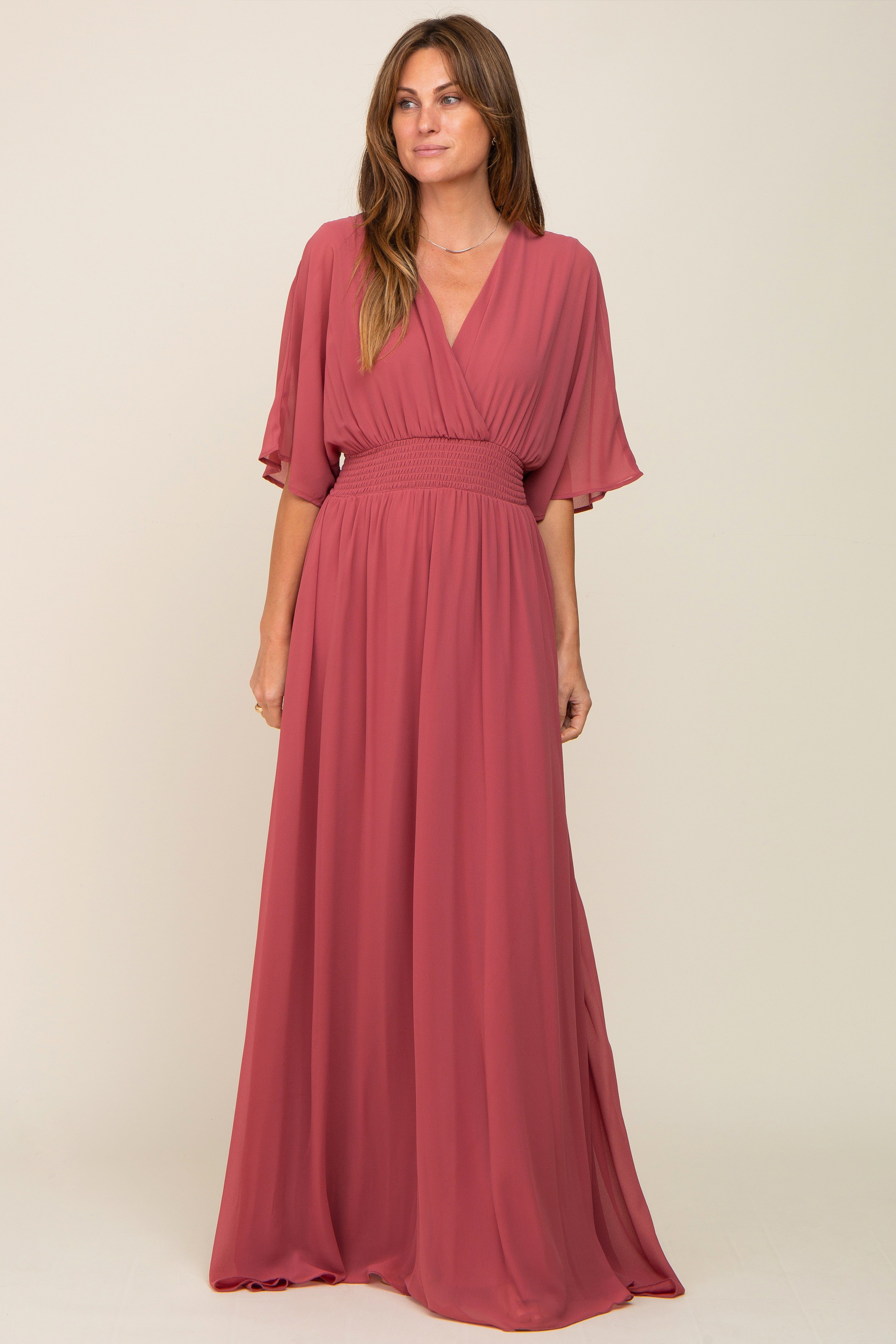 Mauve Chiffon V-Neck Smocked Waist Maternity Maxi Dress sold by Pinkblush product image thumbnail 5
