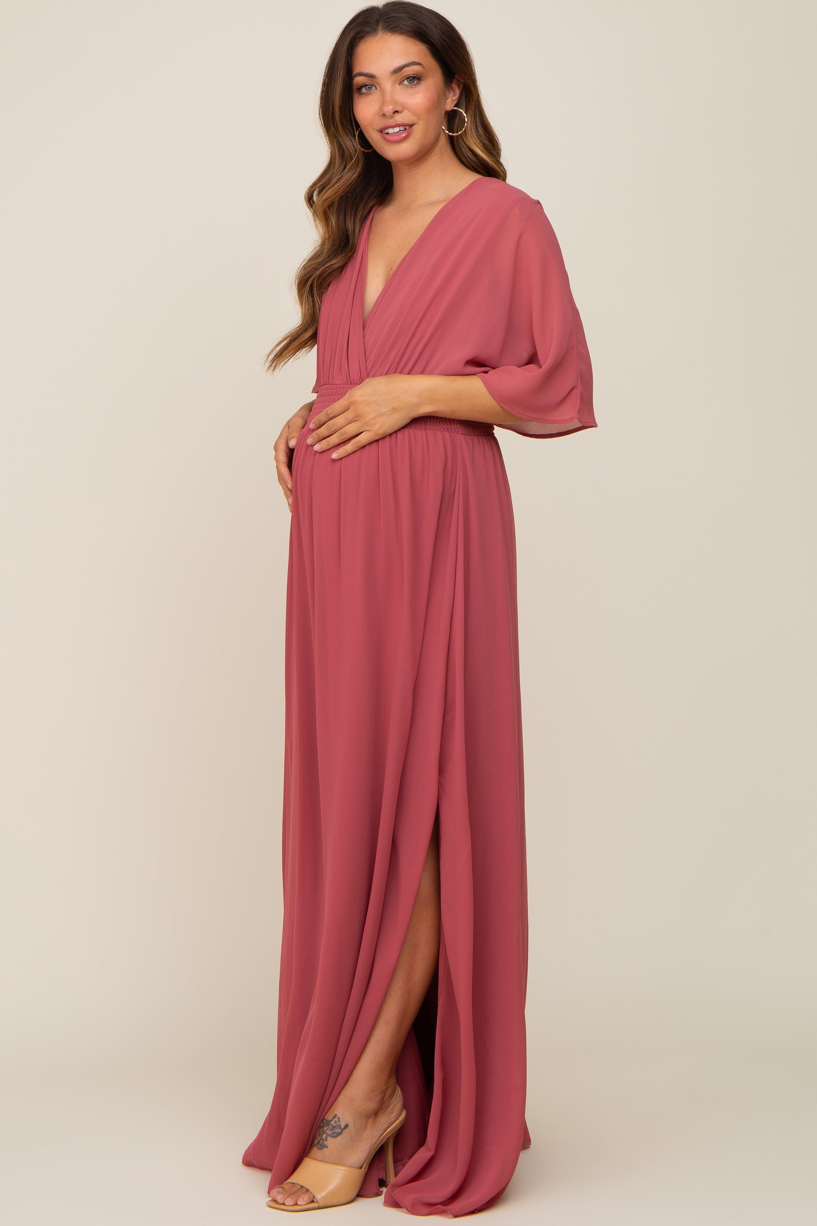 Mauve Chiffon V-Neck Smocked Waist Maternity Maxi Dress sold by Pinkblush product image thumbnail 2