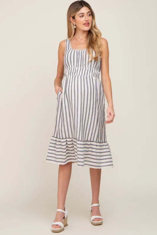 Blue Striped Sleeveless Ruffle Hem Maternity Midi Dress sold by Pinkblush
