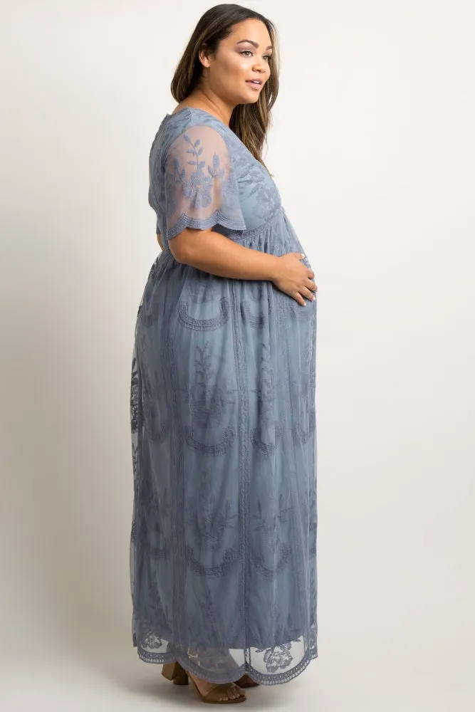 PinkBlush Blue Lace Mesh Overlay Plus Maternity Maxi Dress sold by Pinkblush product image thumbnail 3