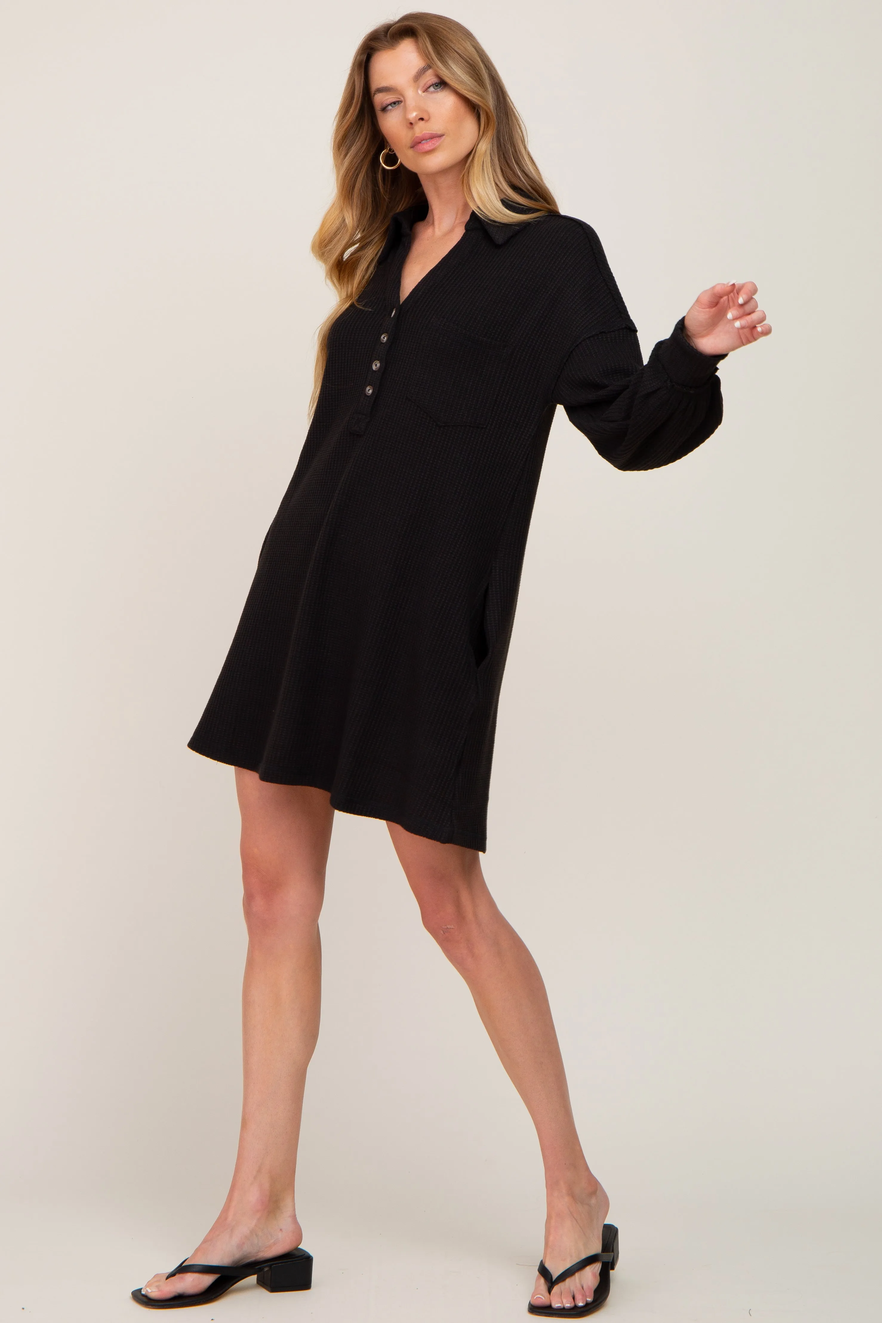 Black Waffle Knit Collared Long Sleeve Dress sold by Pinkblush product image thumbnail 4