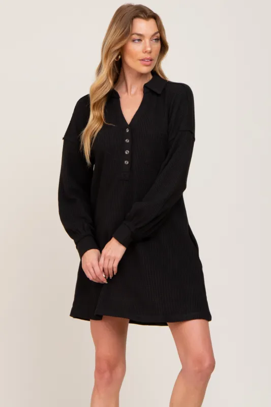 Black Waffle Knit Collared Long Sleeve Dress sold by Pinkblush
