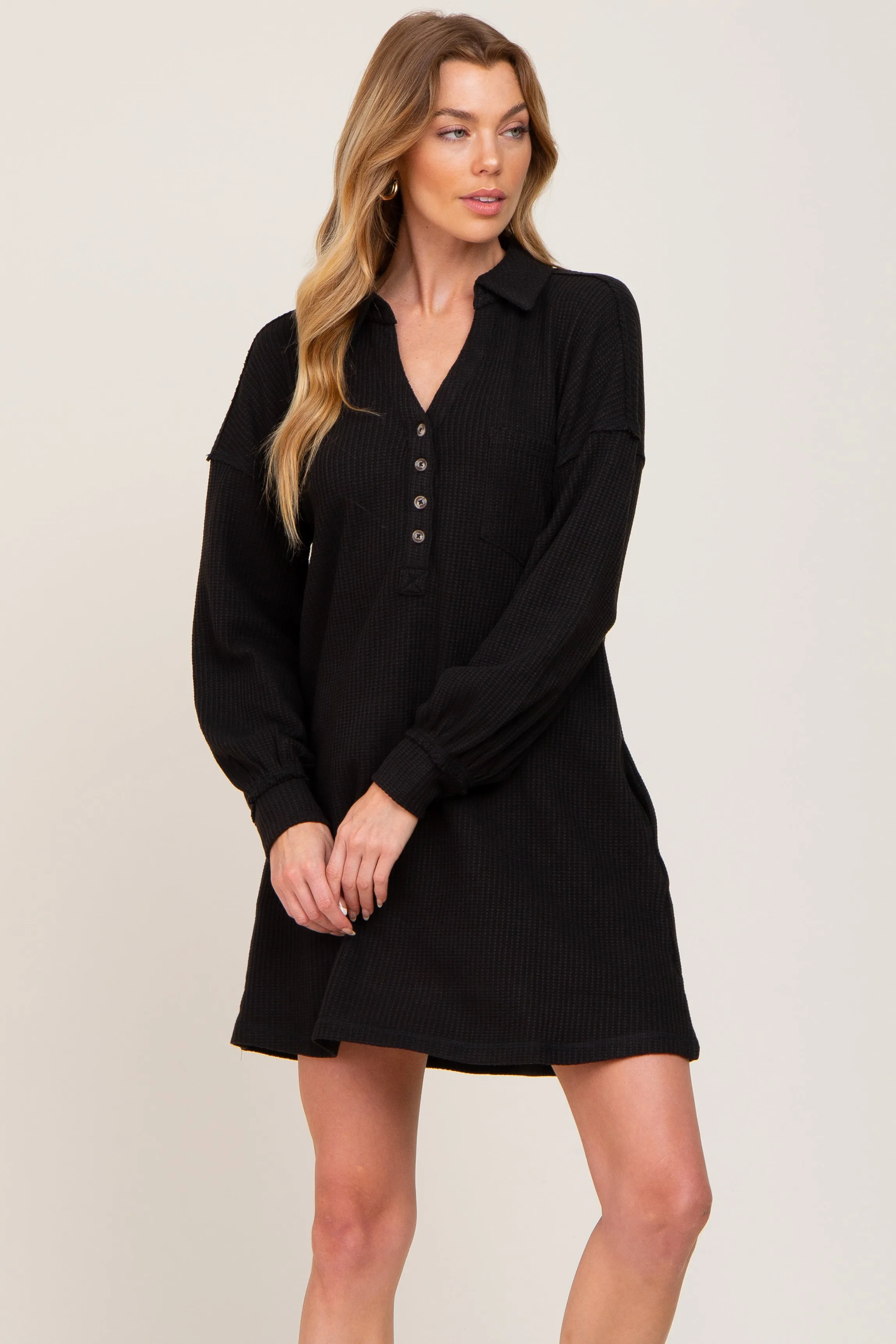 Black Waffle Knit Collared Long Sleeve Dress sold by Pinkblush