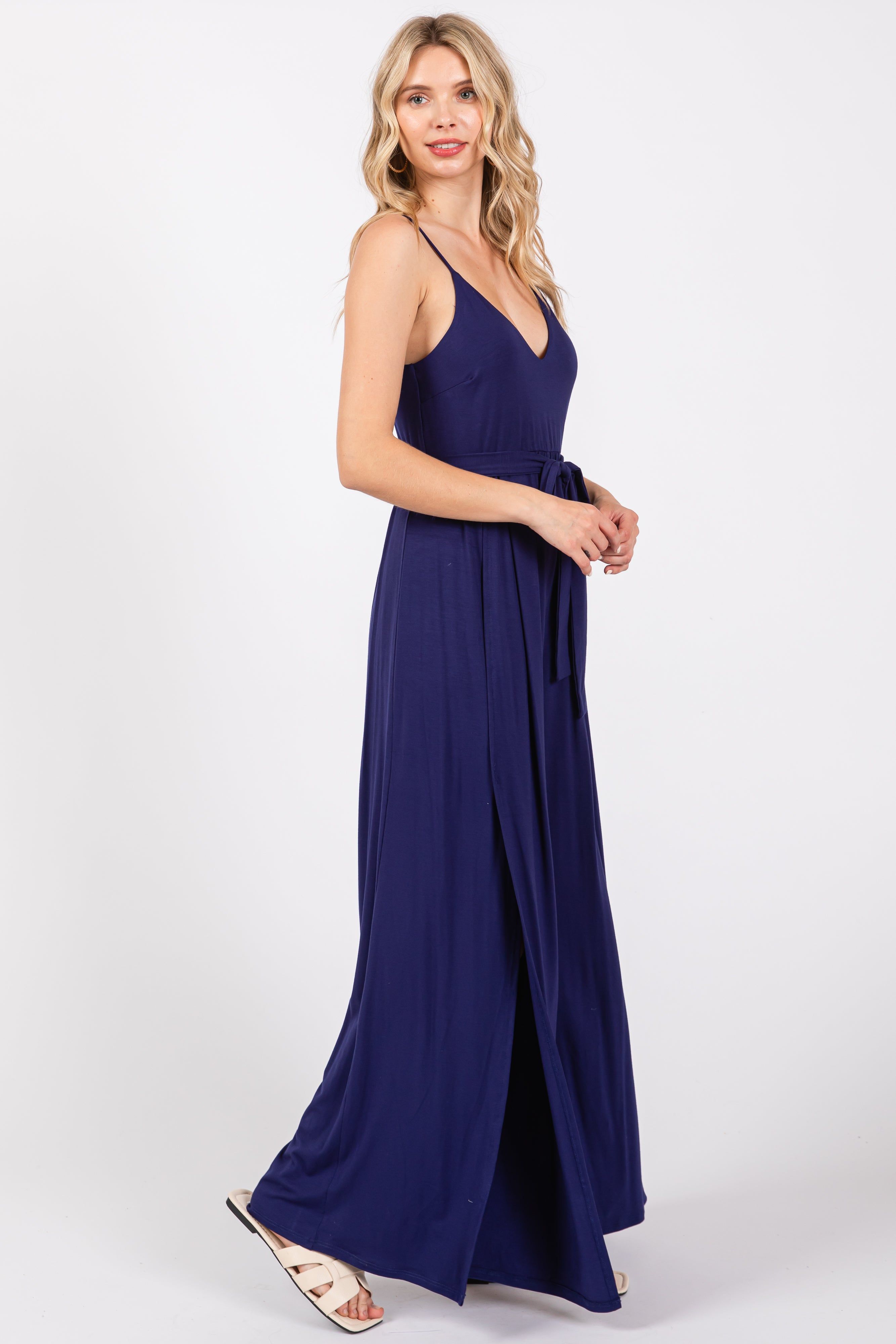 Navy Blue Sleeveless V-Neck Split Hem Jumpsuit sold by Pinkblush product image thumbnail 2