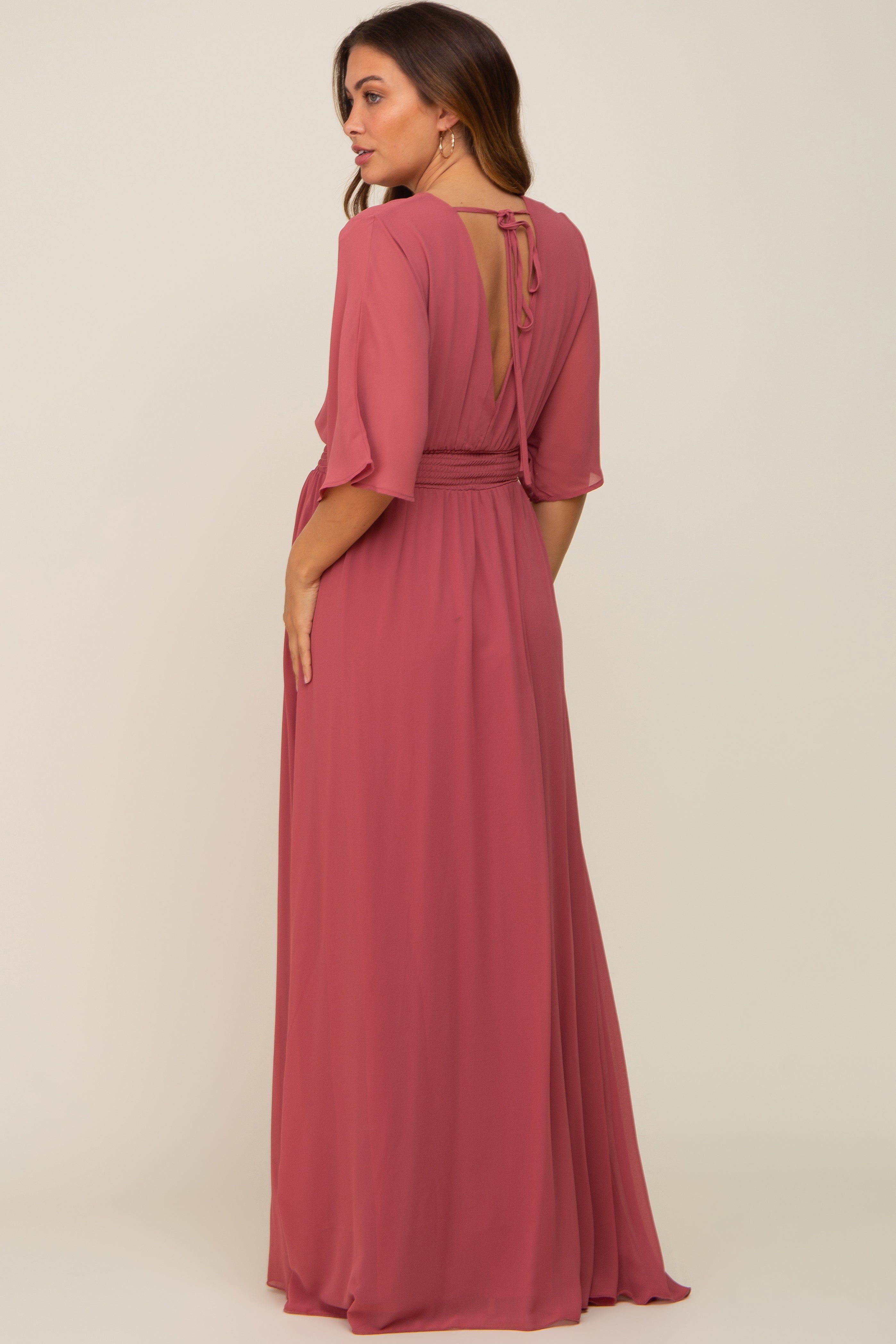 Mauve Chiffon V-Neck Smocked Waist Maternity Maxi Dress sold by Pinkblush product image thumbnail 3