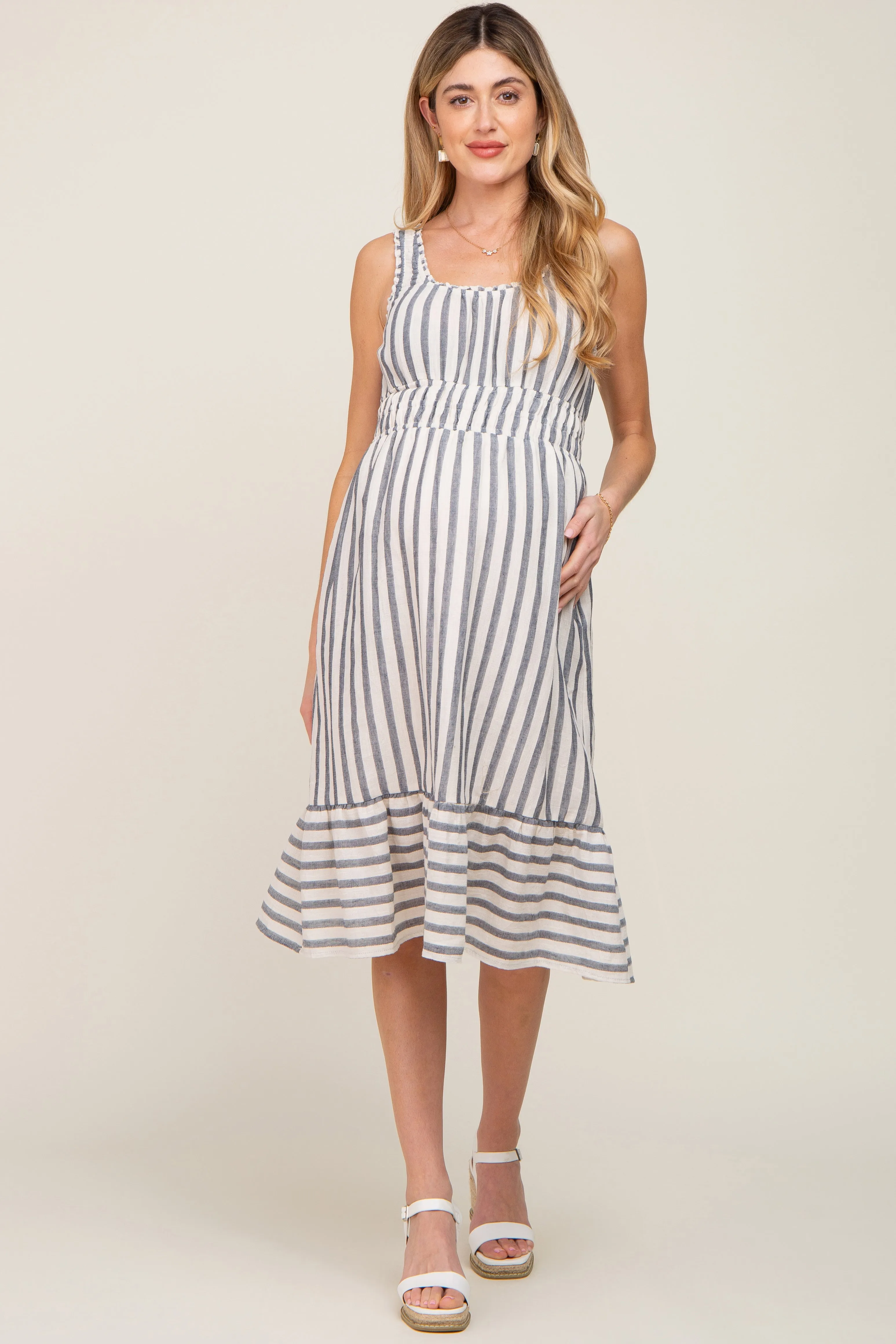 Blue Striped Sleeveless Ruffle Hem Maternity Midi Dress sold by Pinkblush product image thumbnail 2