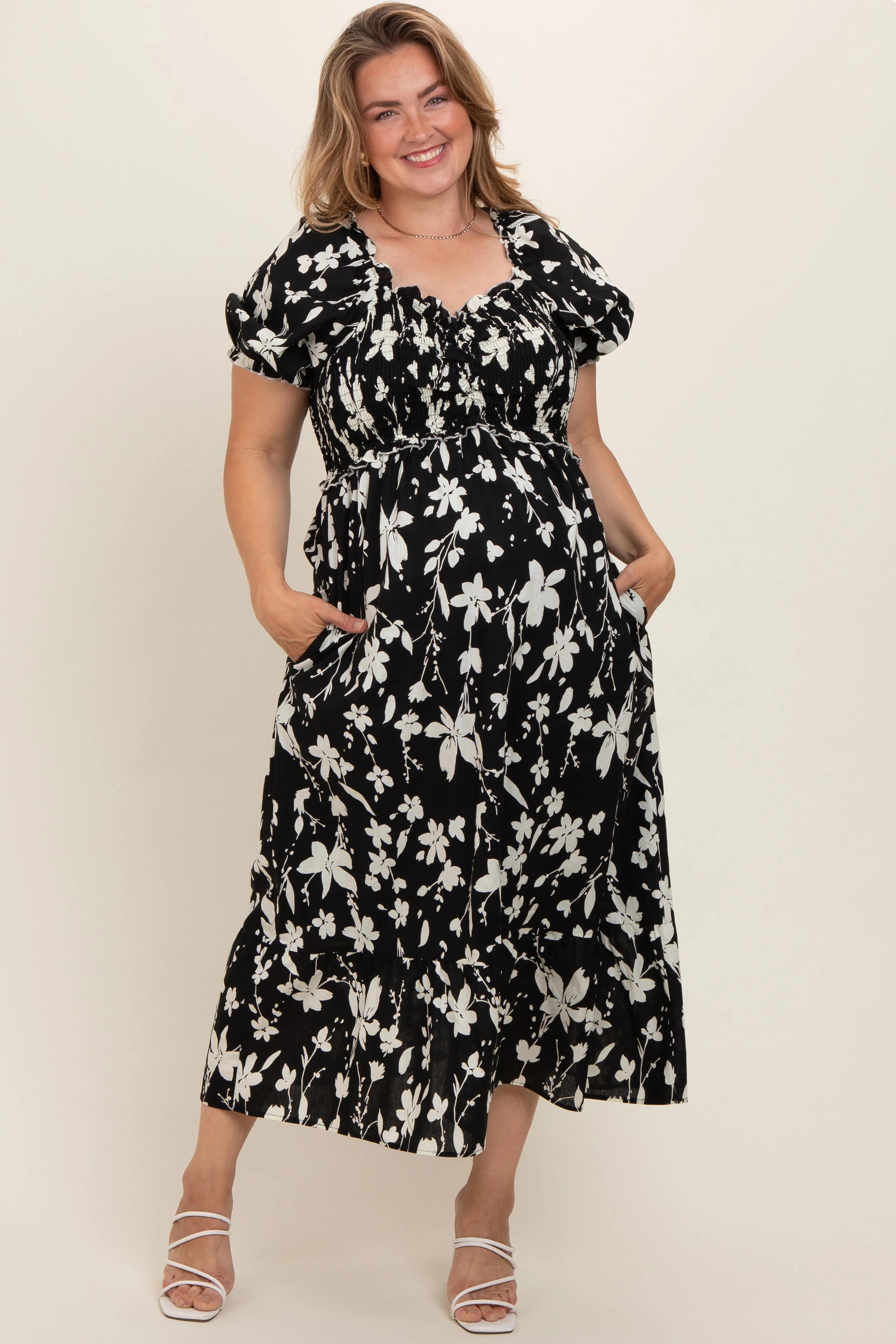 Cream Floral Puff Sleeve Maternity Plus Midi Dress sold by Pinkblush