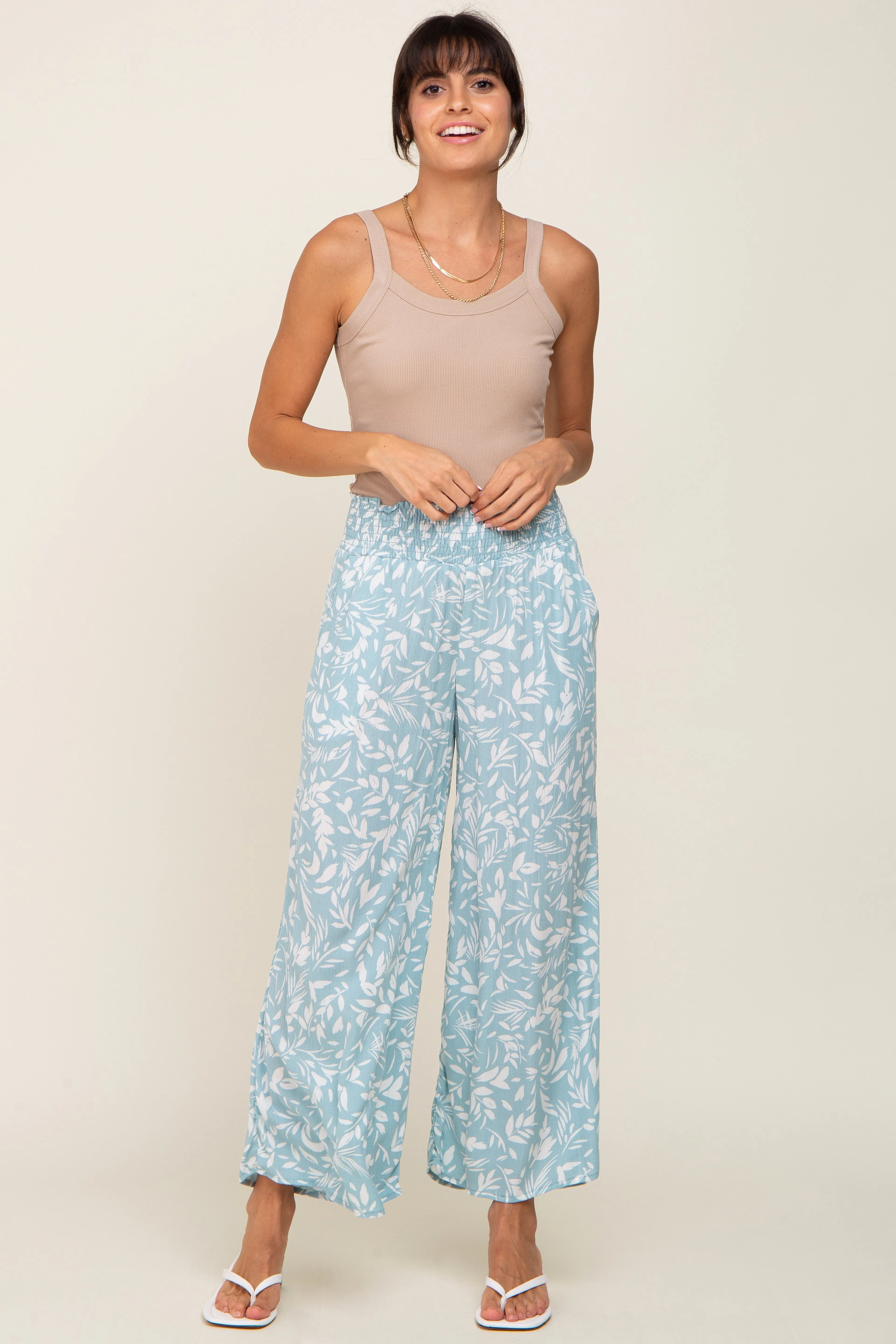 Light Blue Leaf Print Wide Leg Pants sold by Pinkblush