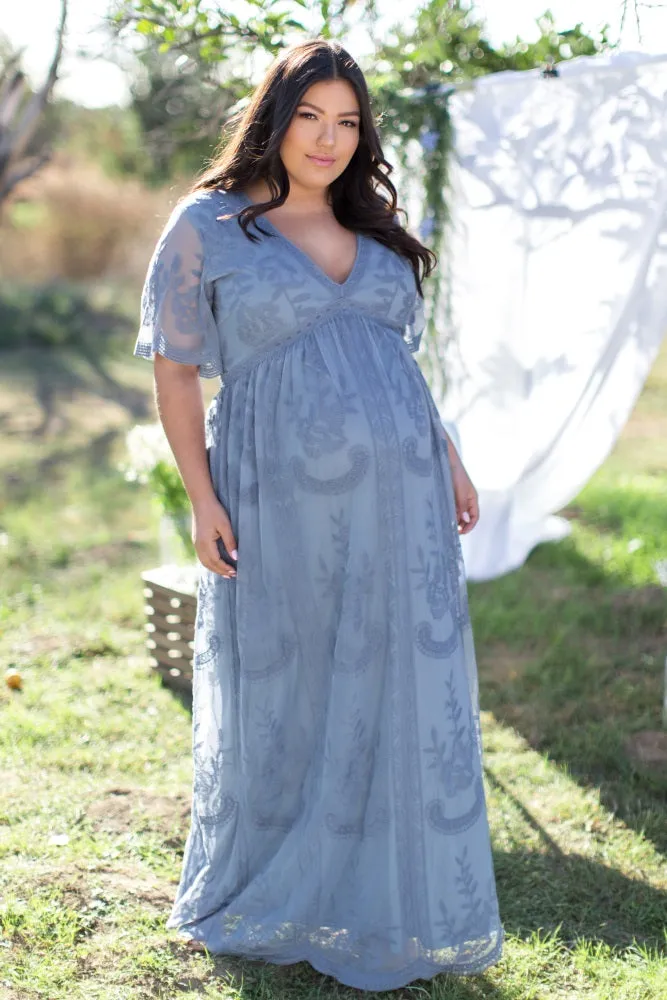 PinkBlush Blue Lace Mesh Overlay Plus Maternity Maxi Dress sold by Pinkblush