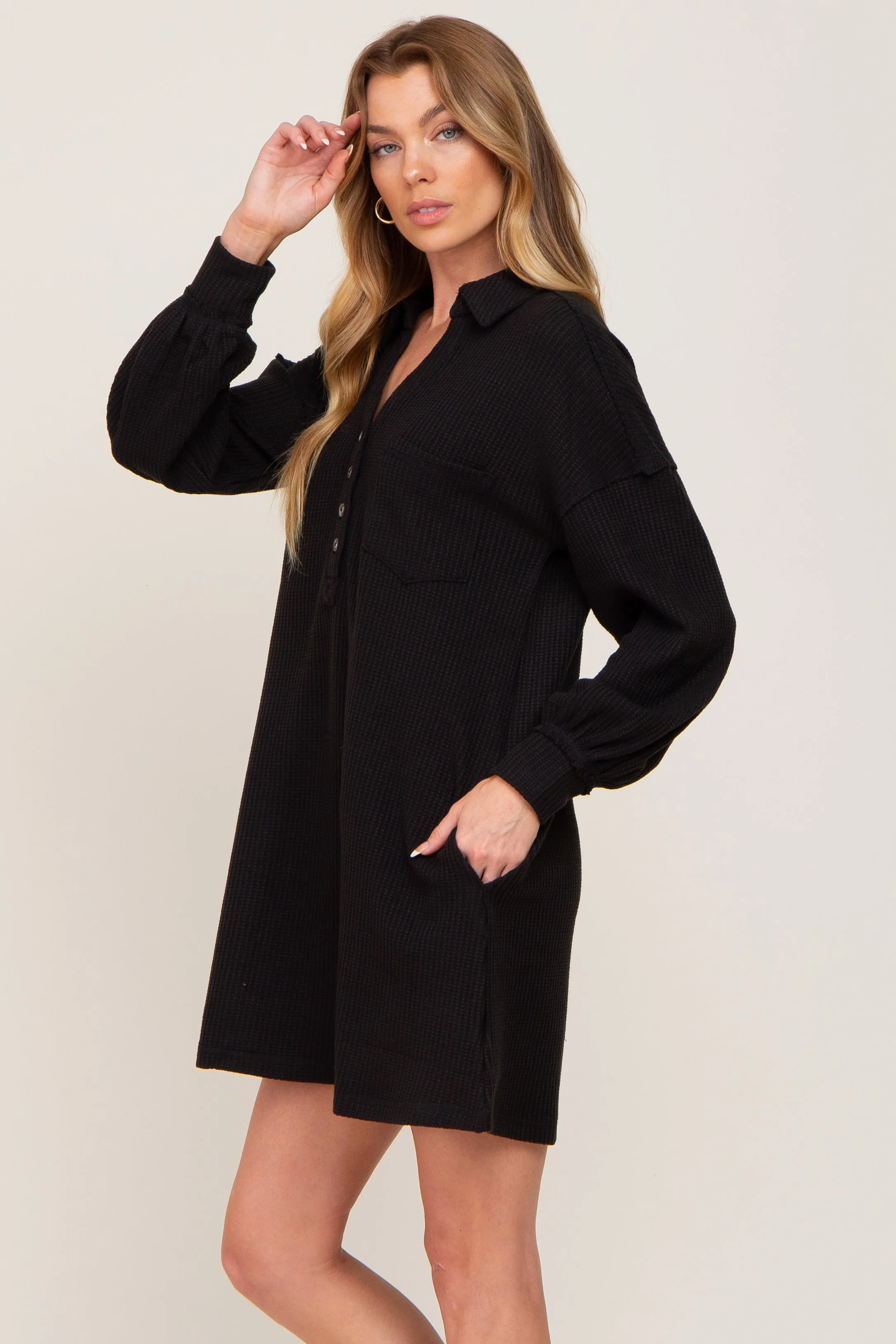 Black Waffle Knit Collared Long Sleeve Dress sold by Pinkblush product image thumbnail 2