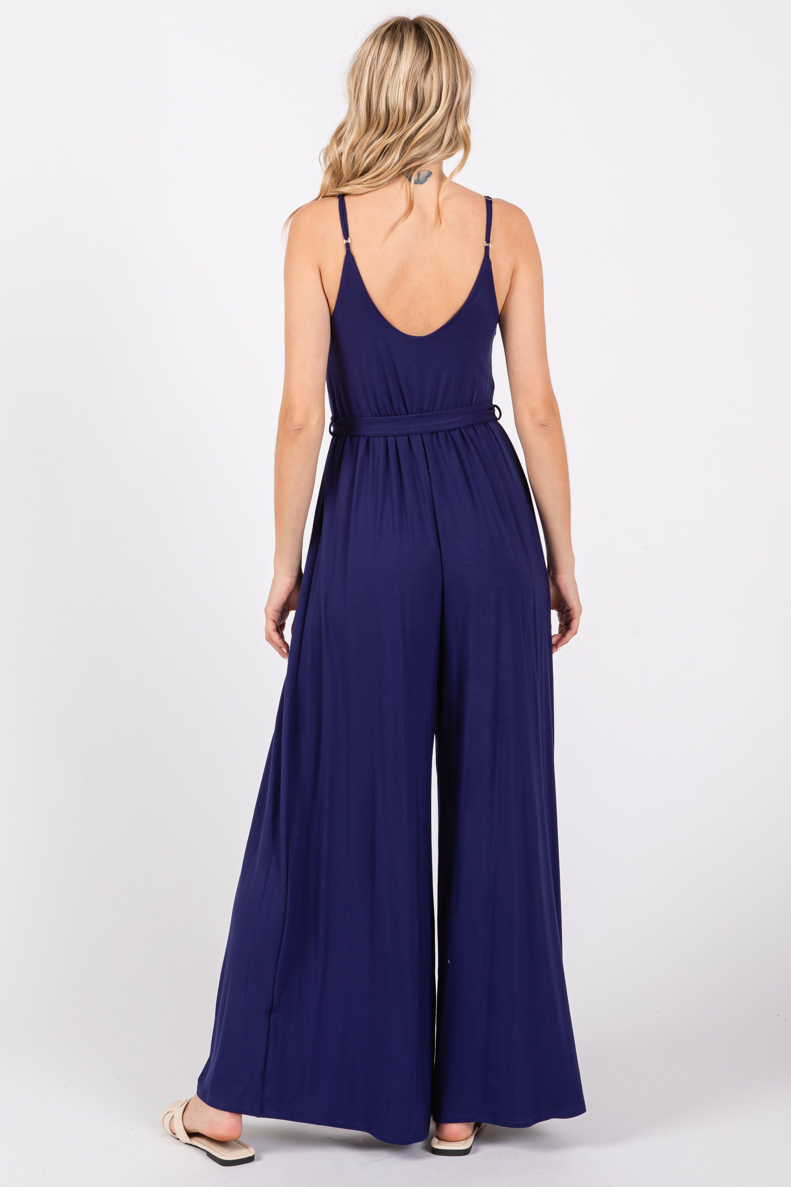 Navy Blue Sleeveless V-Neck Split Hem Jumpsuit sold by Pinkblush product image thumbnail 3
