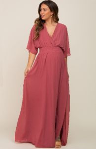 Mauve Chiffon V-Neck Smocked Waist Maternity Maxi Dress sold by Pinkblush