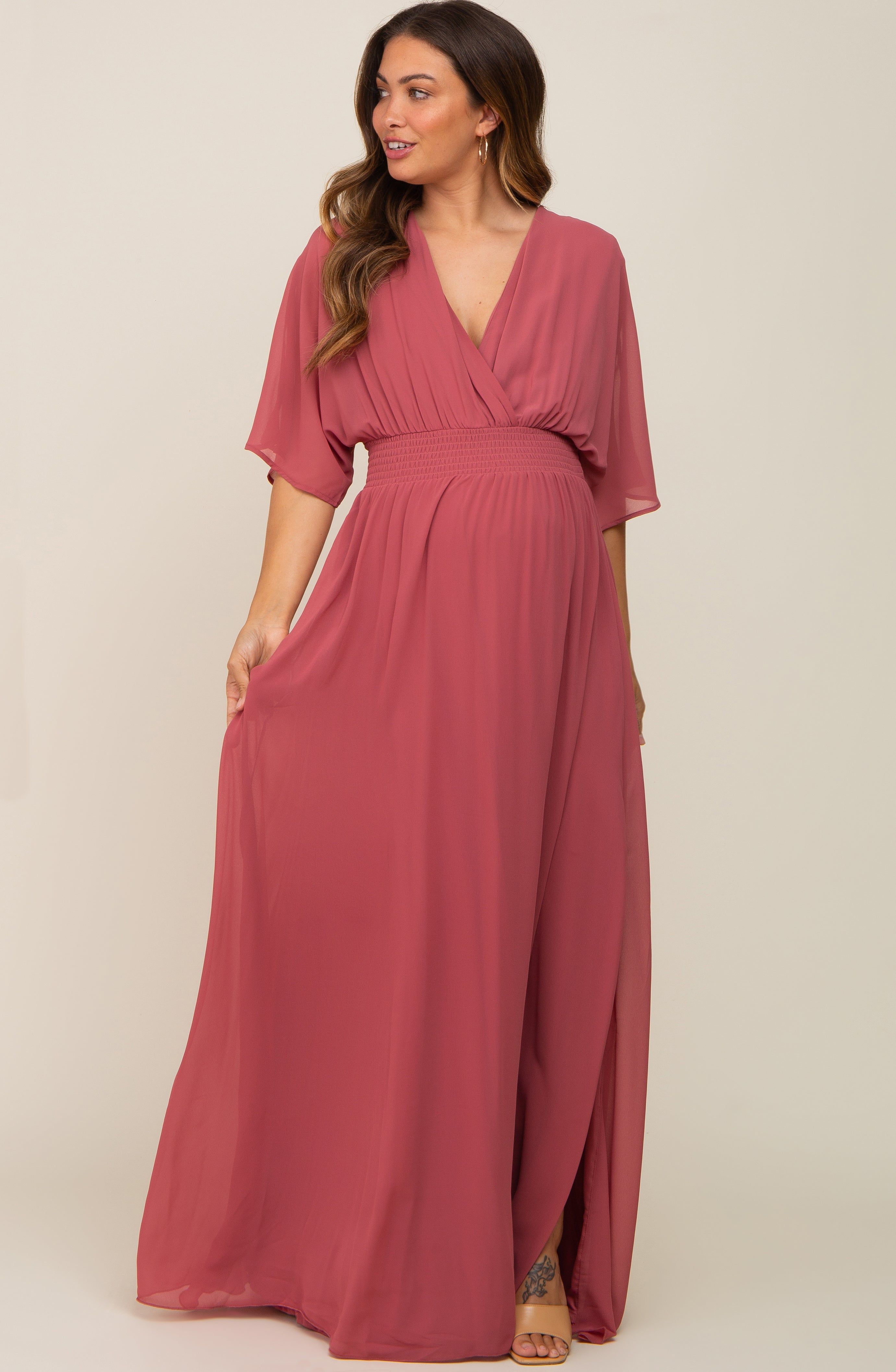 Mauve Chiffon V-Neck Smocked Waist Maternity Maxi Dress sold by Pinkblush product image thumbnail 4