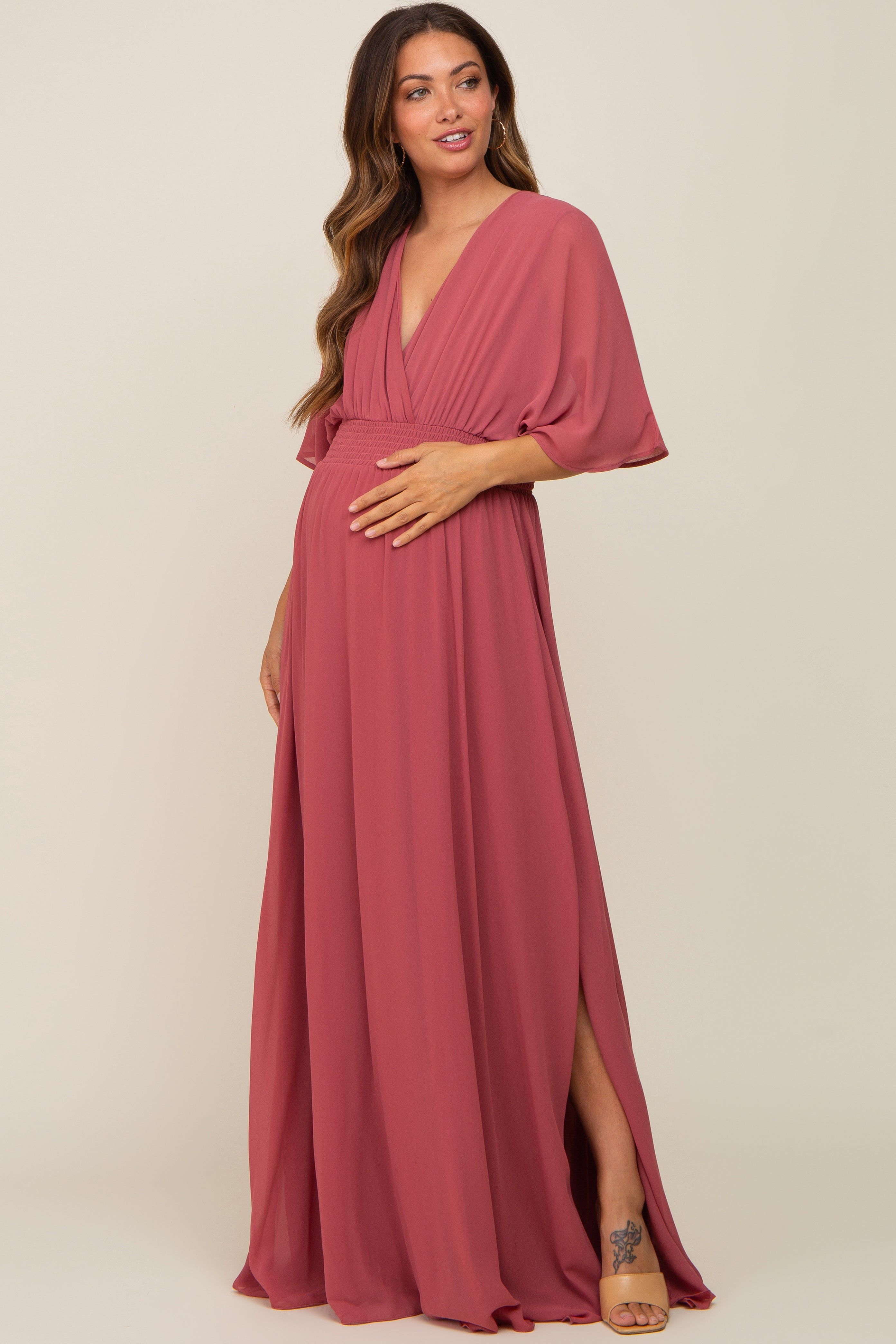 Mauve Chiffon V-Neck Smocked Waist Maternity Maxi Dress sold by Pinkblush