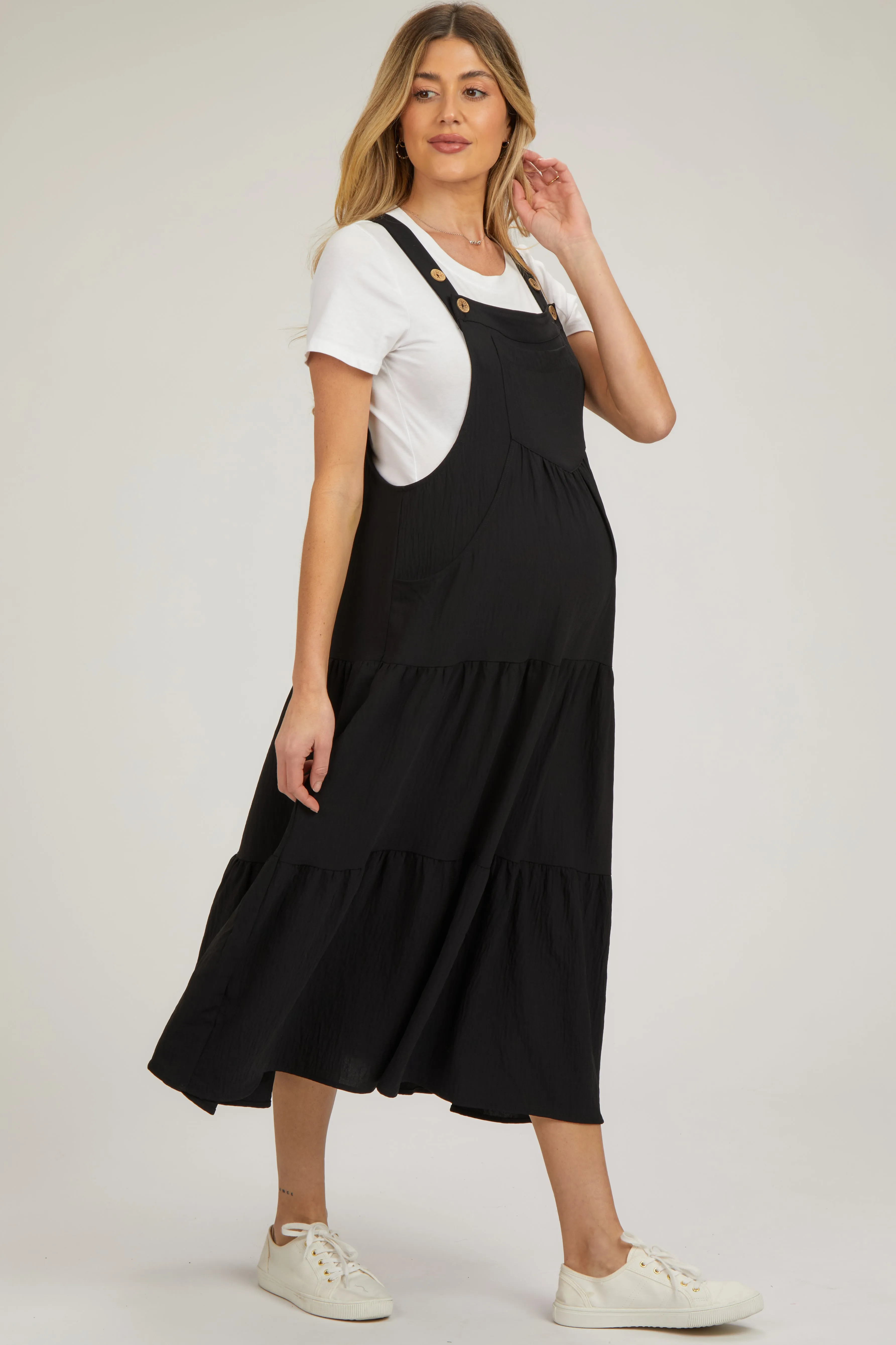 Black Button Sling Tiered Maternity Midi Dress sold by Pinkblush product image thumbnail 2