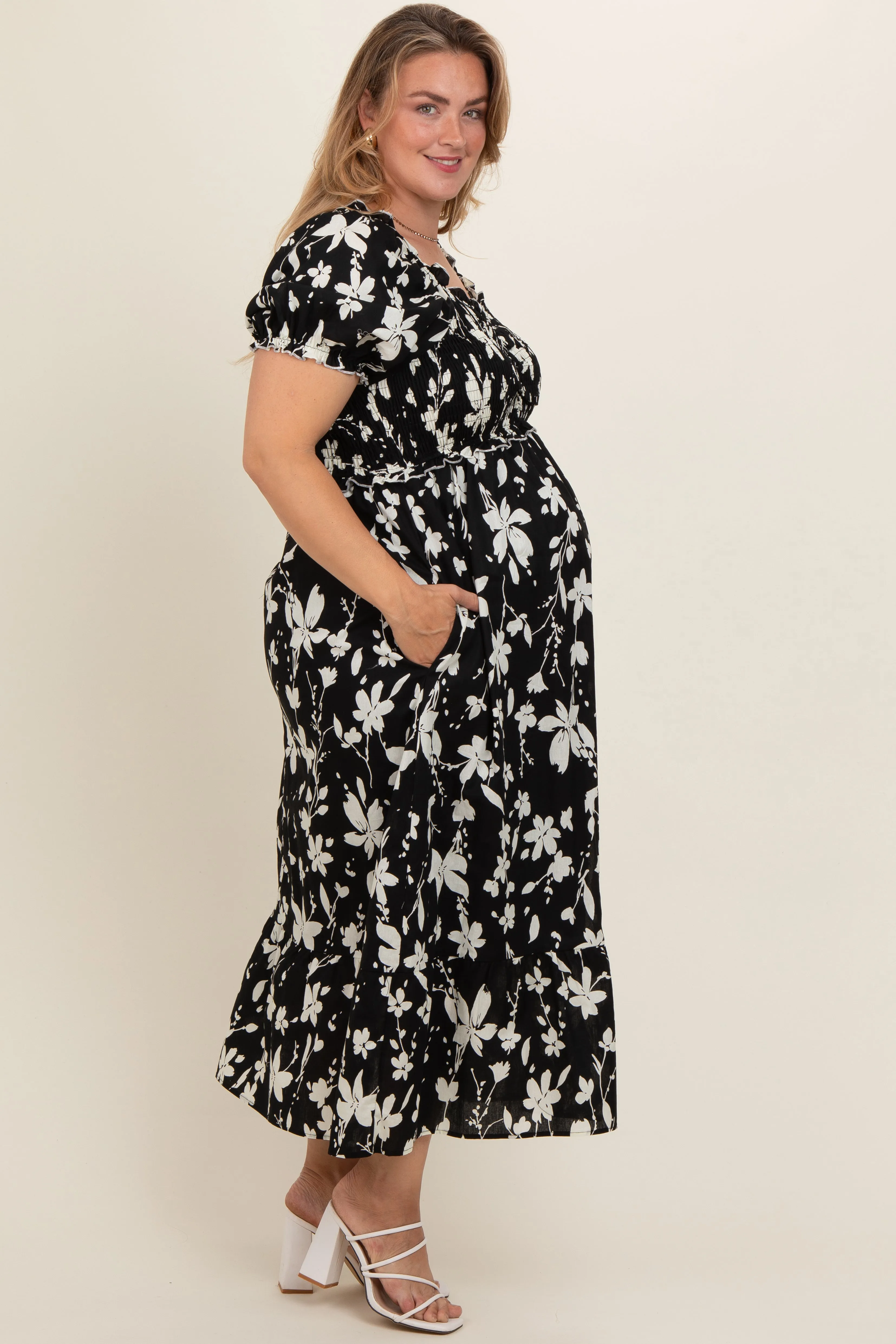 Cream Floral Puff Sleeve Maternity Plus Midi Dress sold by Pinkblush product image thumbnail 2