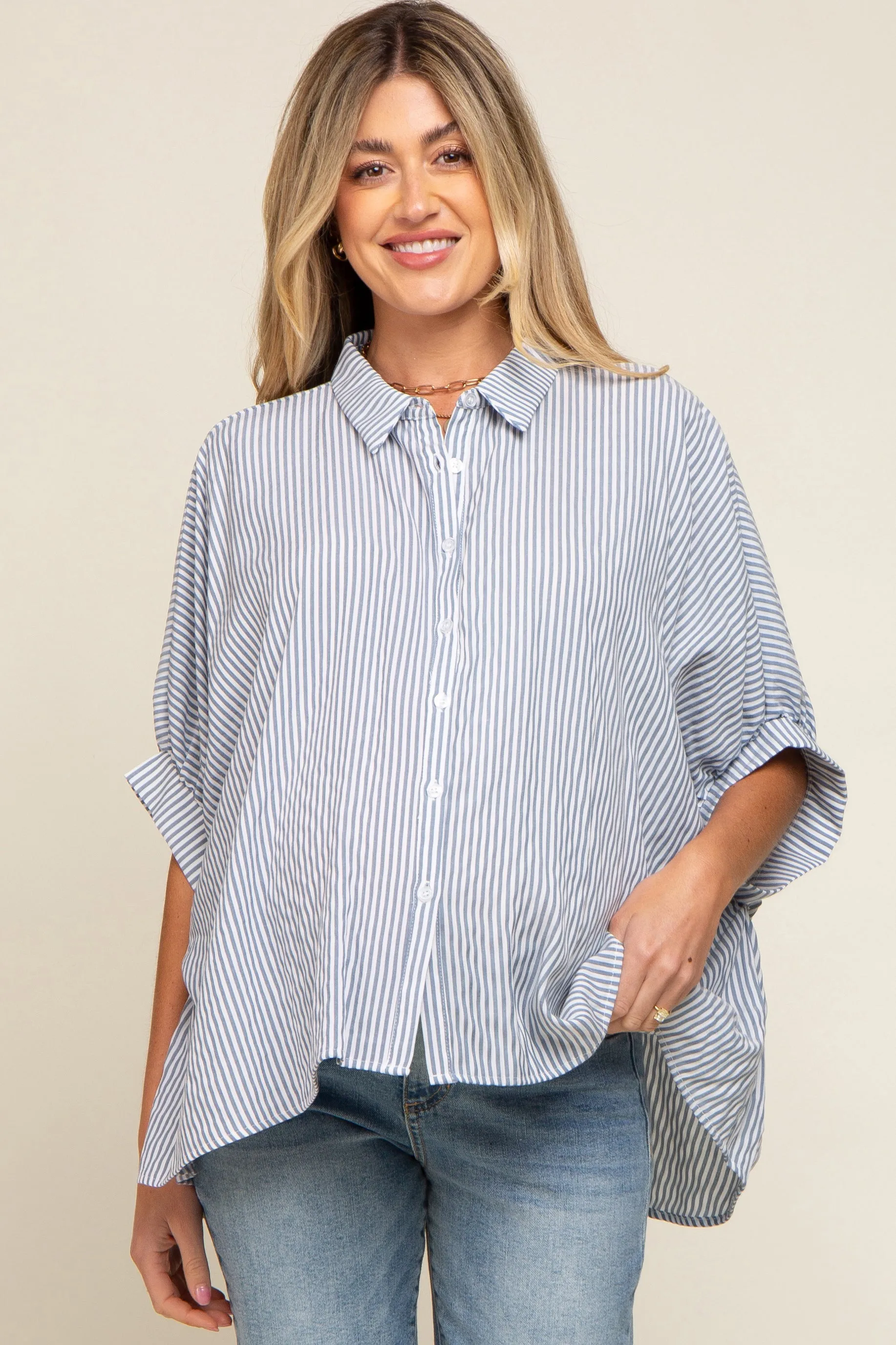 Navy Striped Dolman Button Down Maternity Top sold by Pinkblush product image thumbnail 2