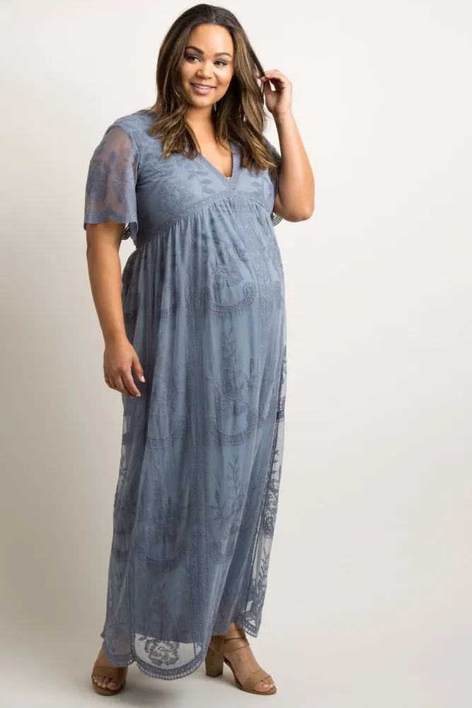 PinkBlush Blue Lace Mesh Overlay Plus Maternity Maxi Dress sold by Pinkblush product image thumbnail 2