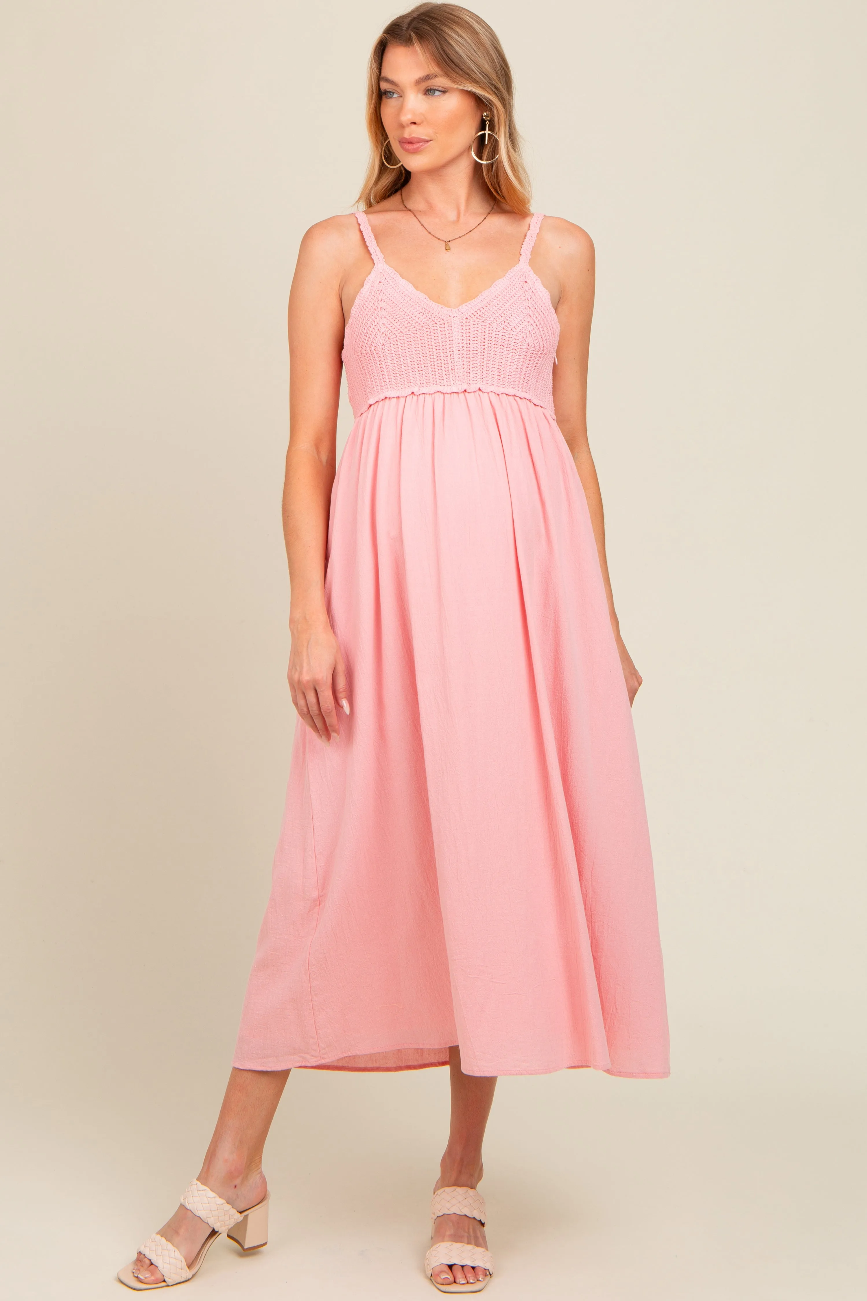 Pink V-Neck Crochet Top Maternity Midi Dress sold by Pinkblush