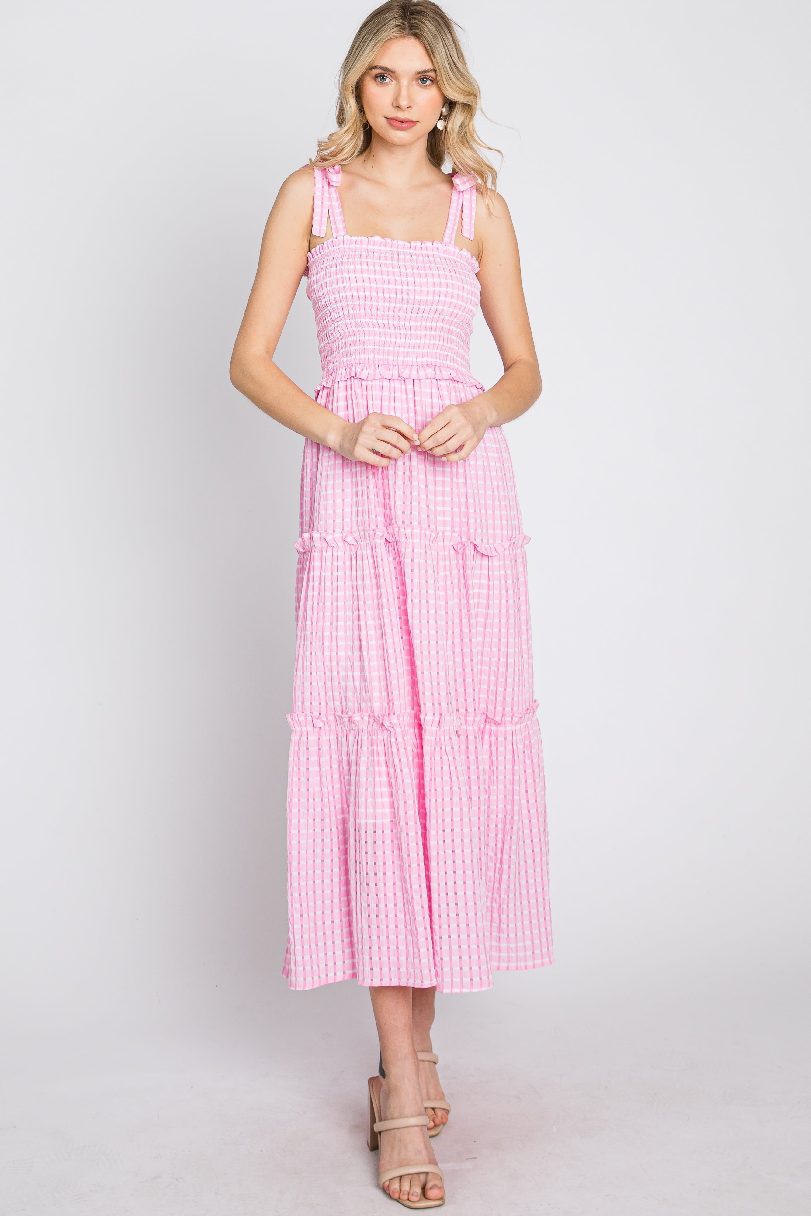 Pink Striped Smocked Shoulder Tie Midi Dress sold by Pinkblush product image thumbnail 4