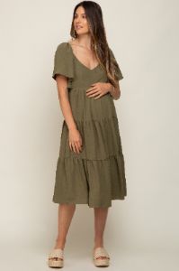 Olive Tiered Criss Cross Back Maternity Midi Dress sold by Pinkblush