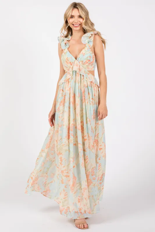 Mint Green Floral Ruffle Accent Cutout Gown sold by Pinkblush
