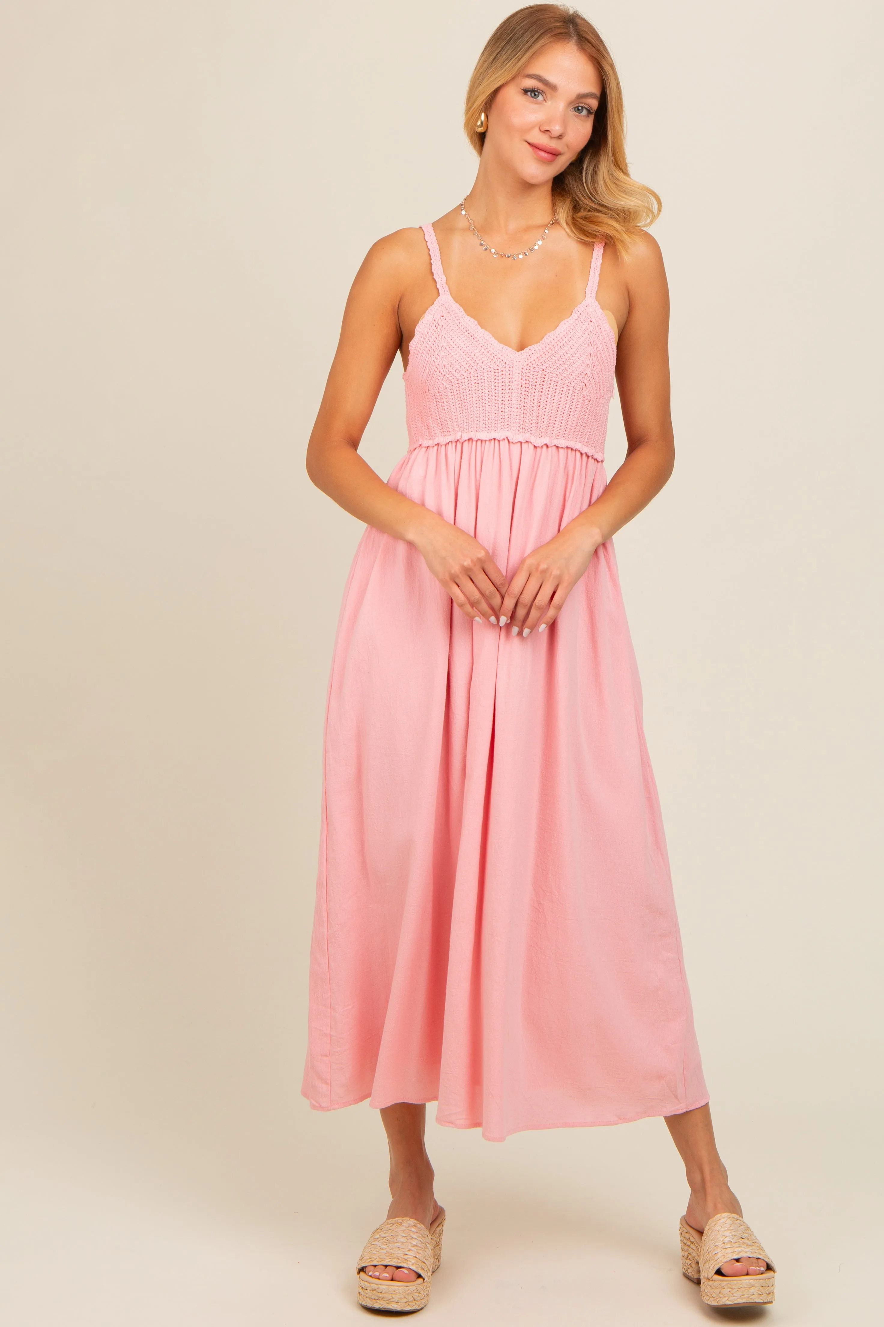 Pink V-Neck Crochet Top Maternity Midi Dress sold by Pinkblush product image thumbnail 5