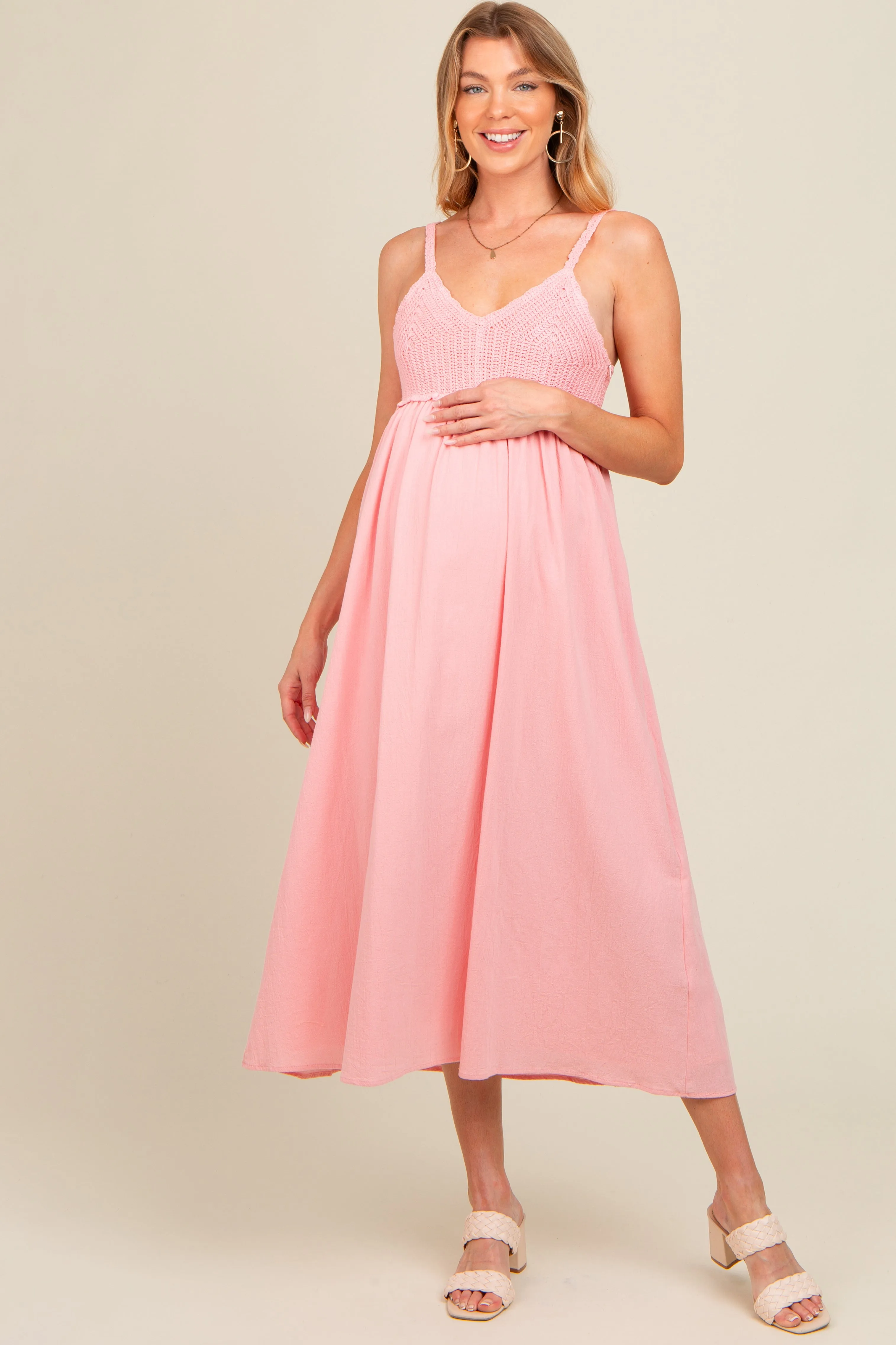 Pink V-Neck Crochet Top Maternity Midi Dress sold by Pinkblush product image thumbnail 2