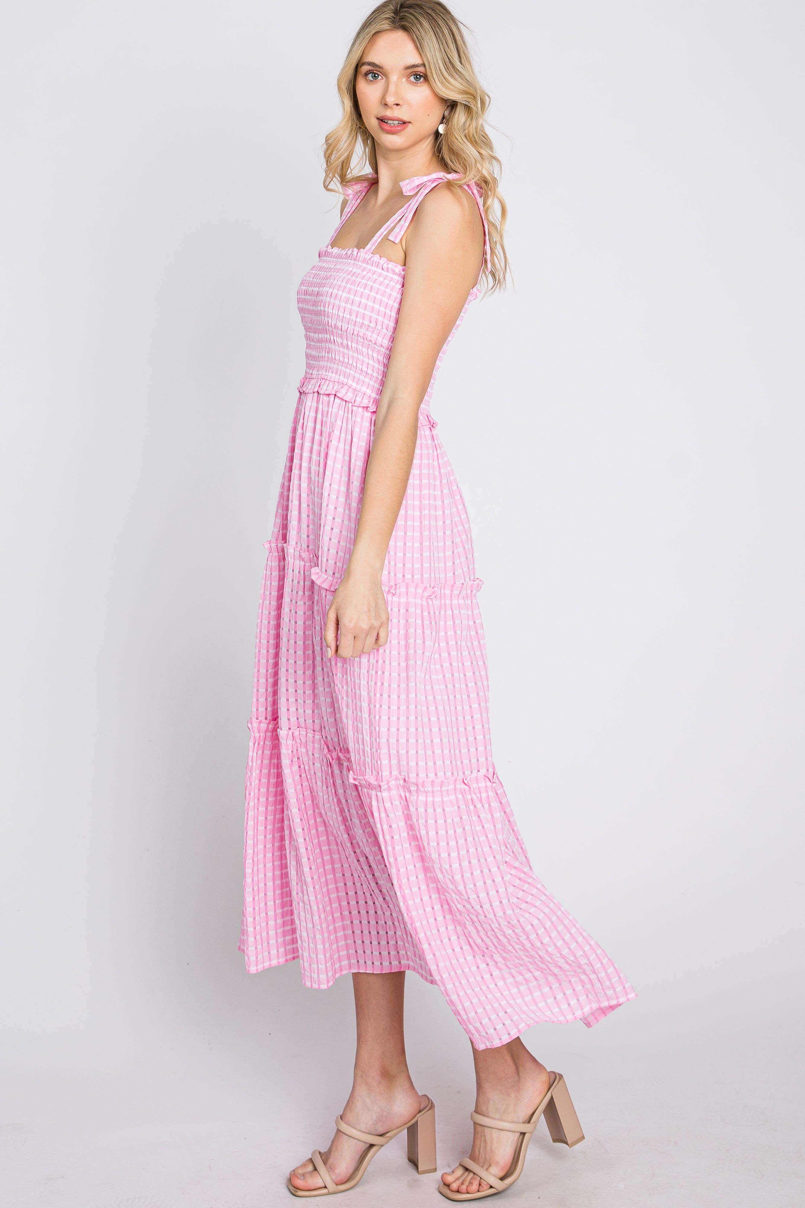 Pink Striped Smocked Shoulder Tie Midi Dress sold by Pinkblush product image thumbnail 5
