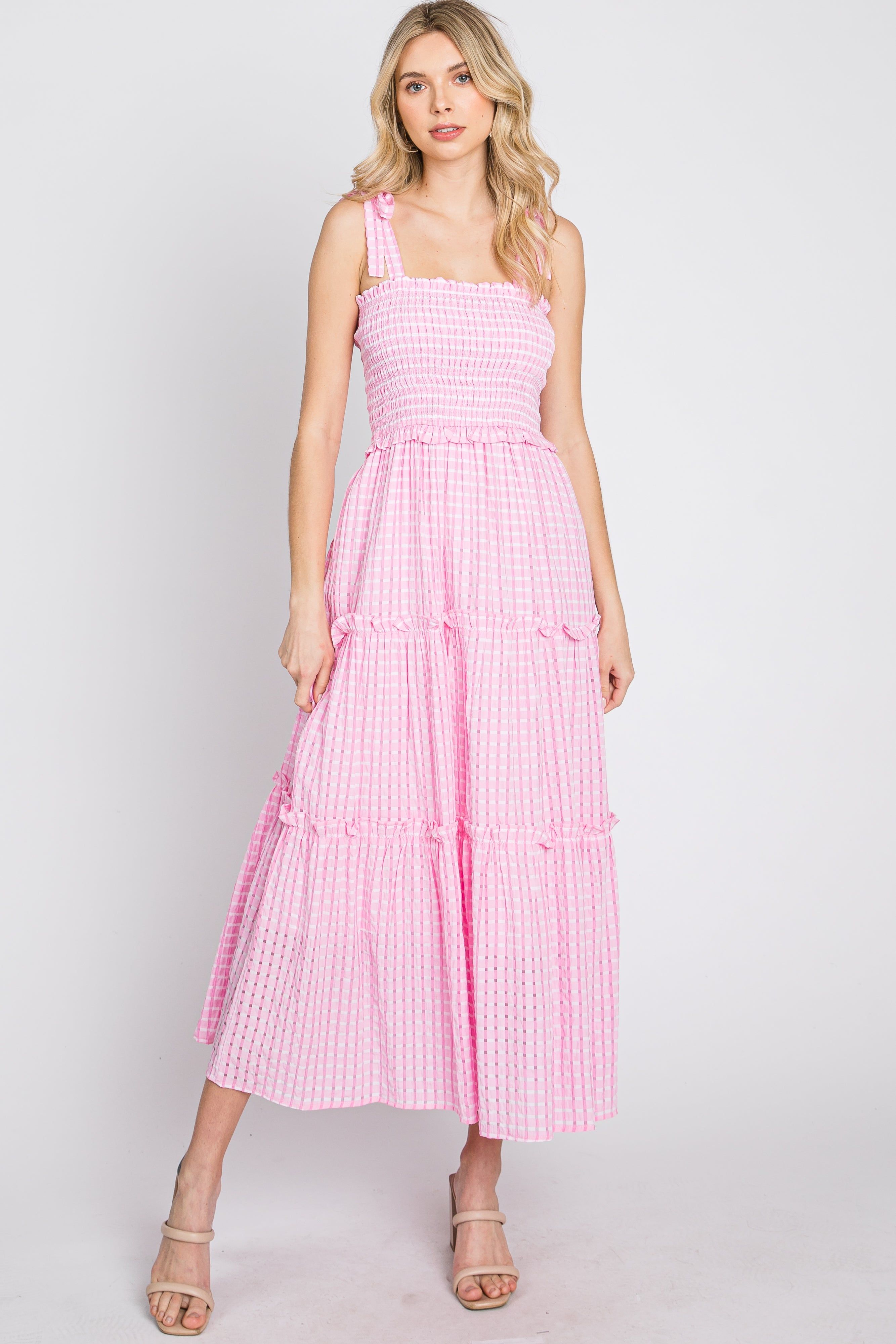 Pink Striped Smocked Shoulder Tie Midi Dress sold by Pinkblush product image thumbnail 2