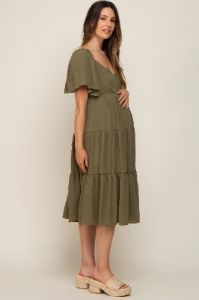 Olive Tiered Criss Cross Back Maternity Midi Dress sold by Pinkblush