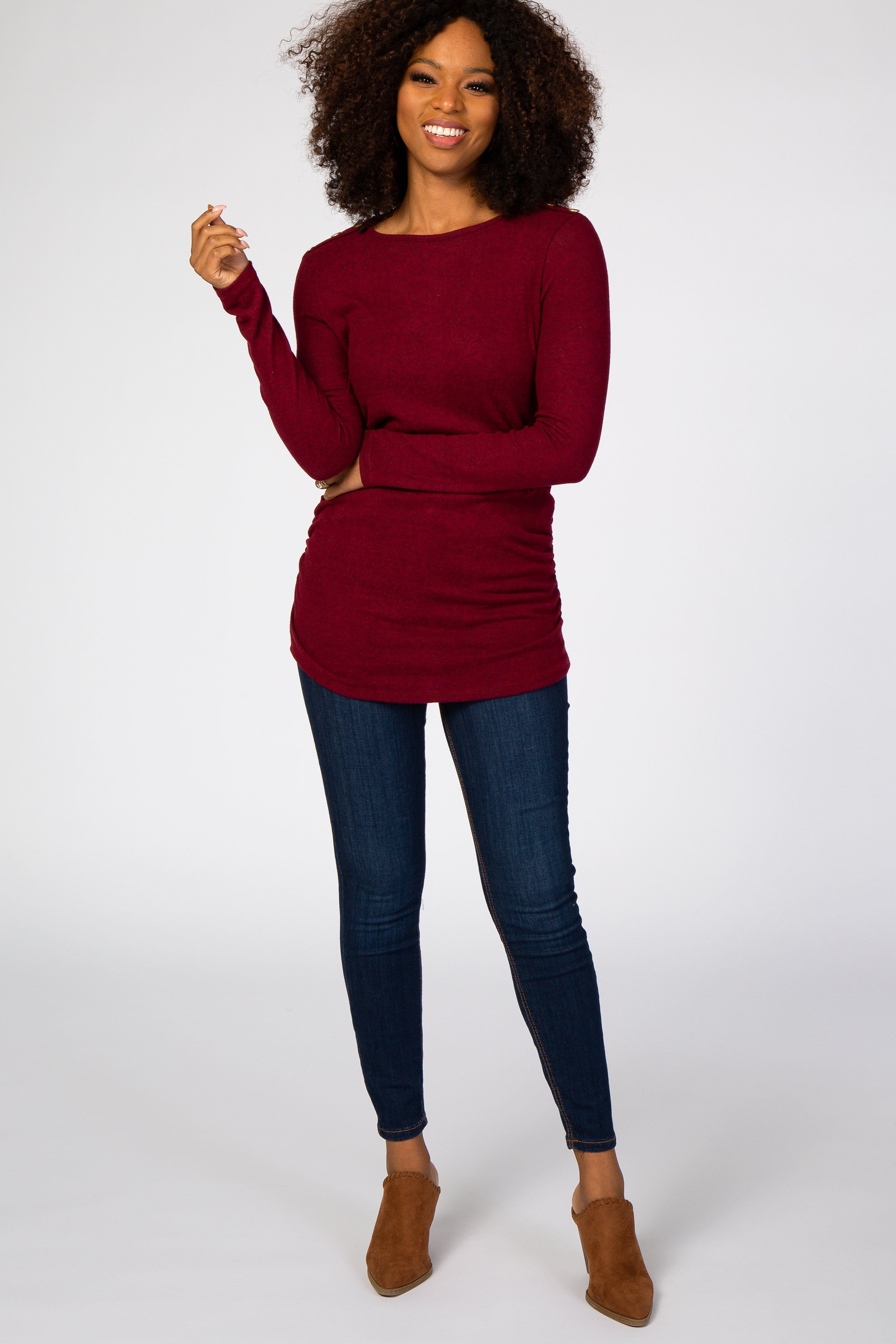 Burgundy Soft Knit Button Shoulder Ruched Side Top sold by Pinkblush product image thumbnail 4