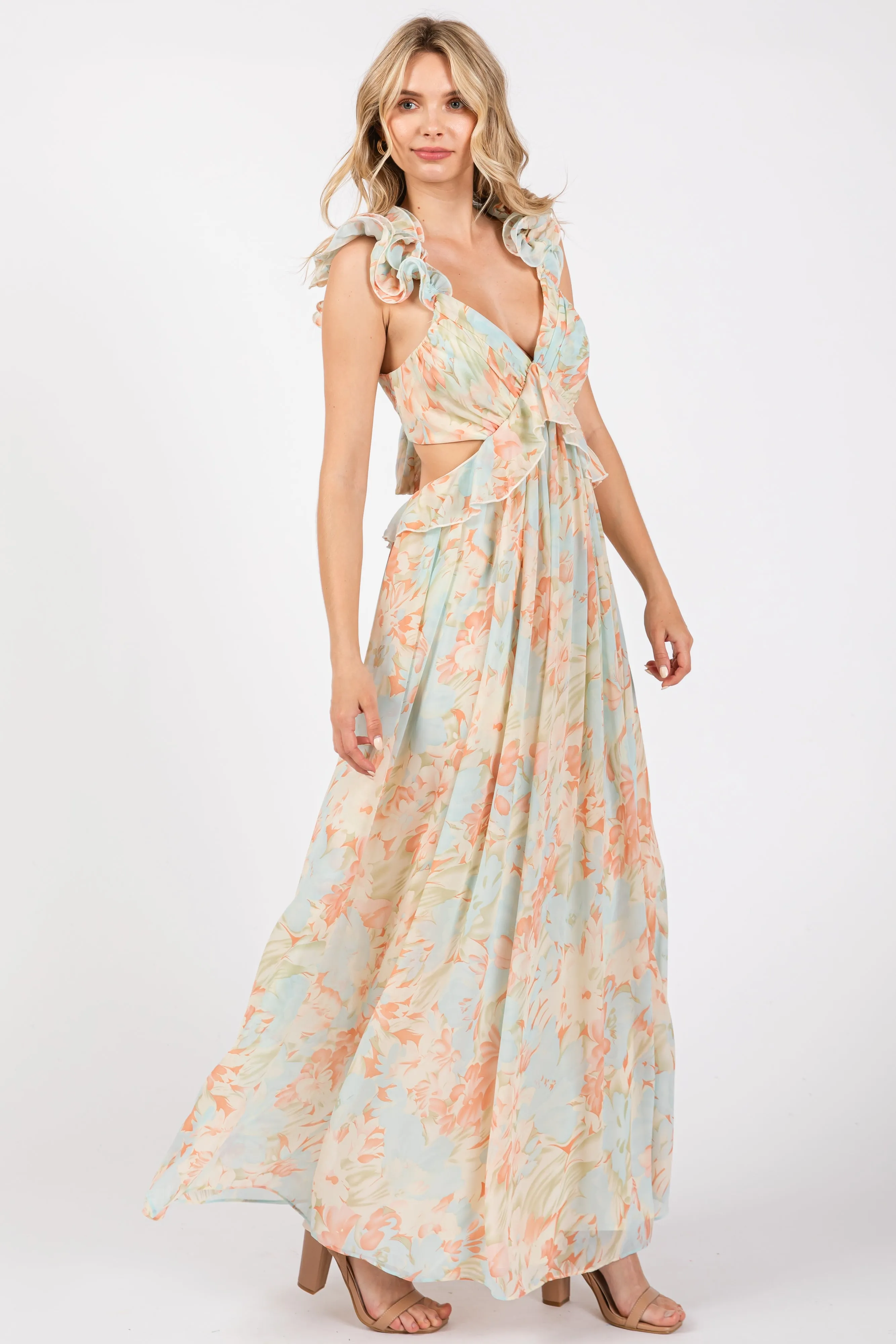 Mint Green Floral Ruffle Accent Cutout Gown sold by Pinkblush product image thumbnail 2