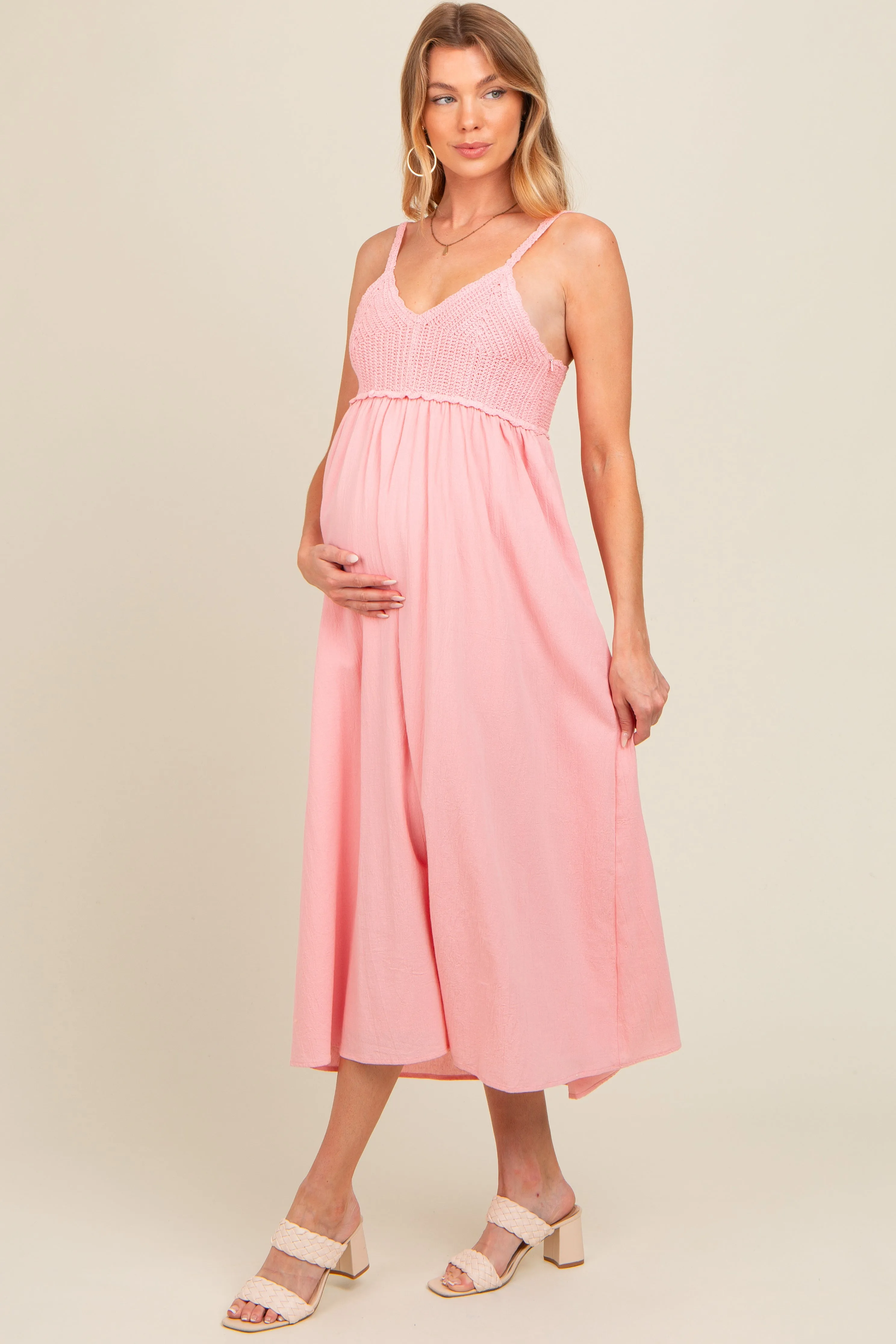 Pink V-Neck Crochet Top Maternity Midi Dress sold by Pinkblush product image thumbnail 3