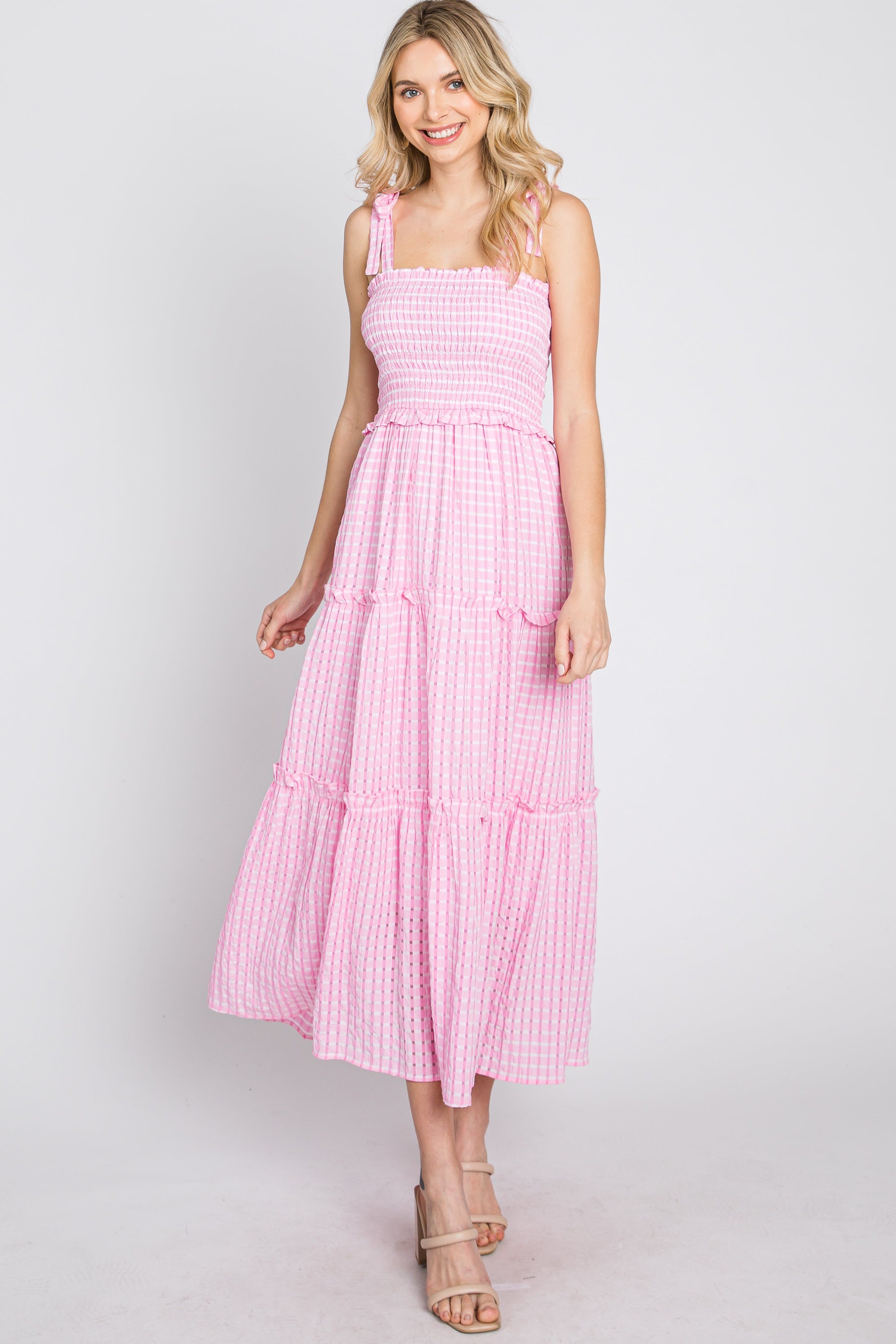 Pink Striped Smocked Shoulder Tie Midi Dress sold by Pinkblush product image thumbnail 3