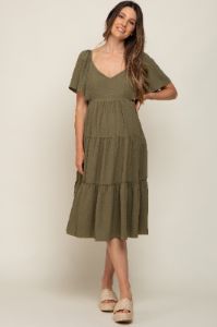Olive Tiered Criss Cross Back Maternity Midi Dress sold by Pinkblush