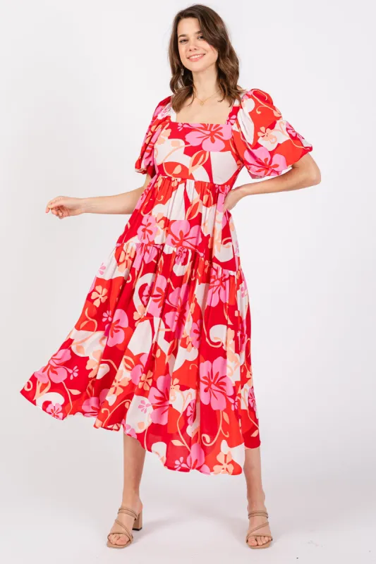 Red Floral Tiered Puff Sleeve Midi Dress sold by Pinkblush